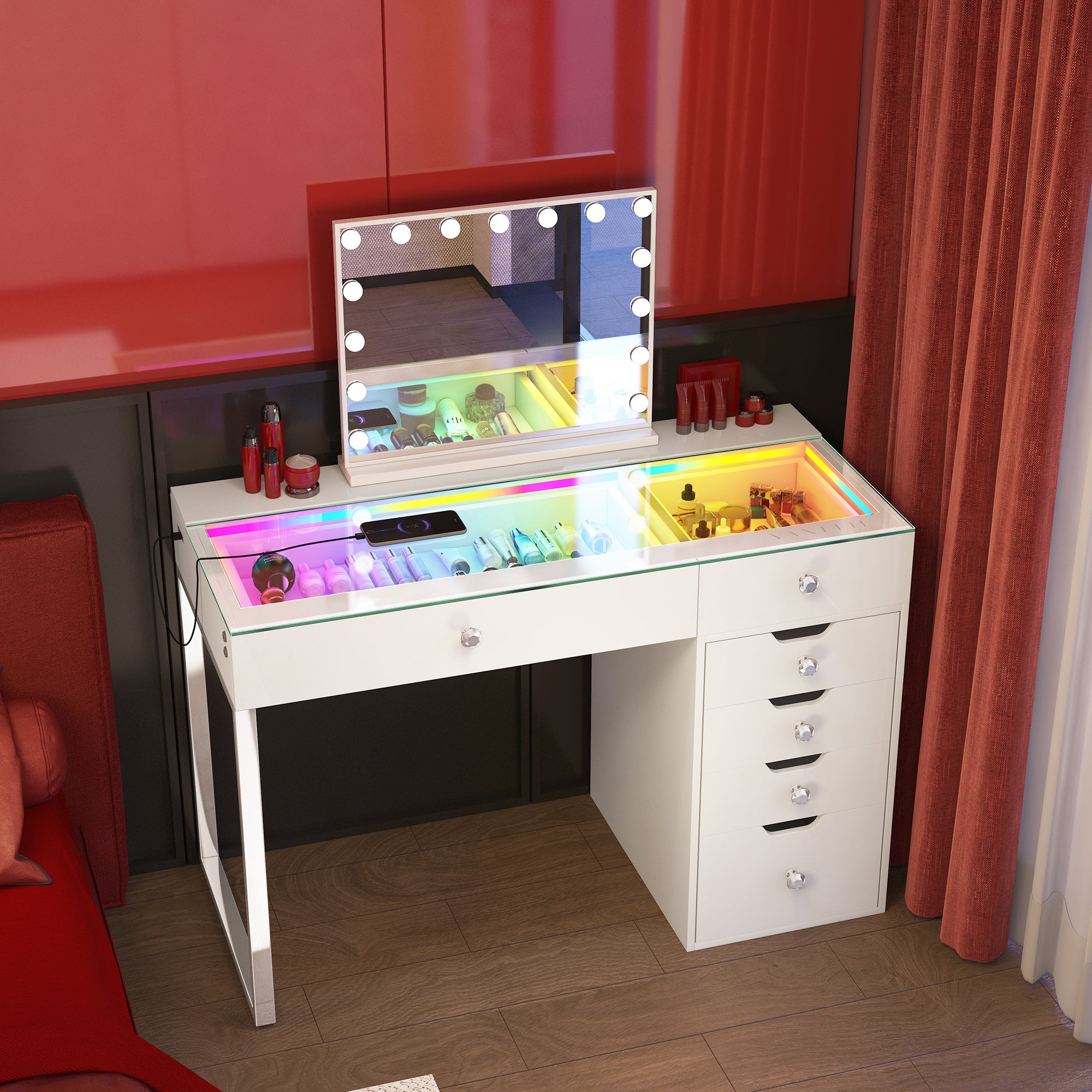 VANITII Diana RGB Vanity Desk - 6 Storage Drawers