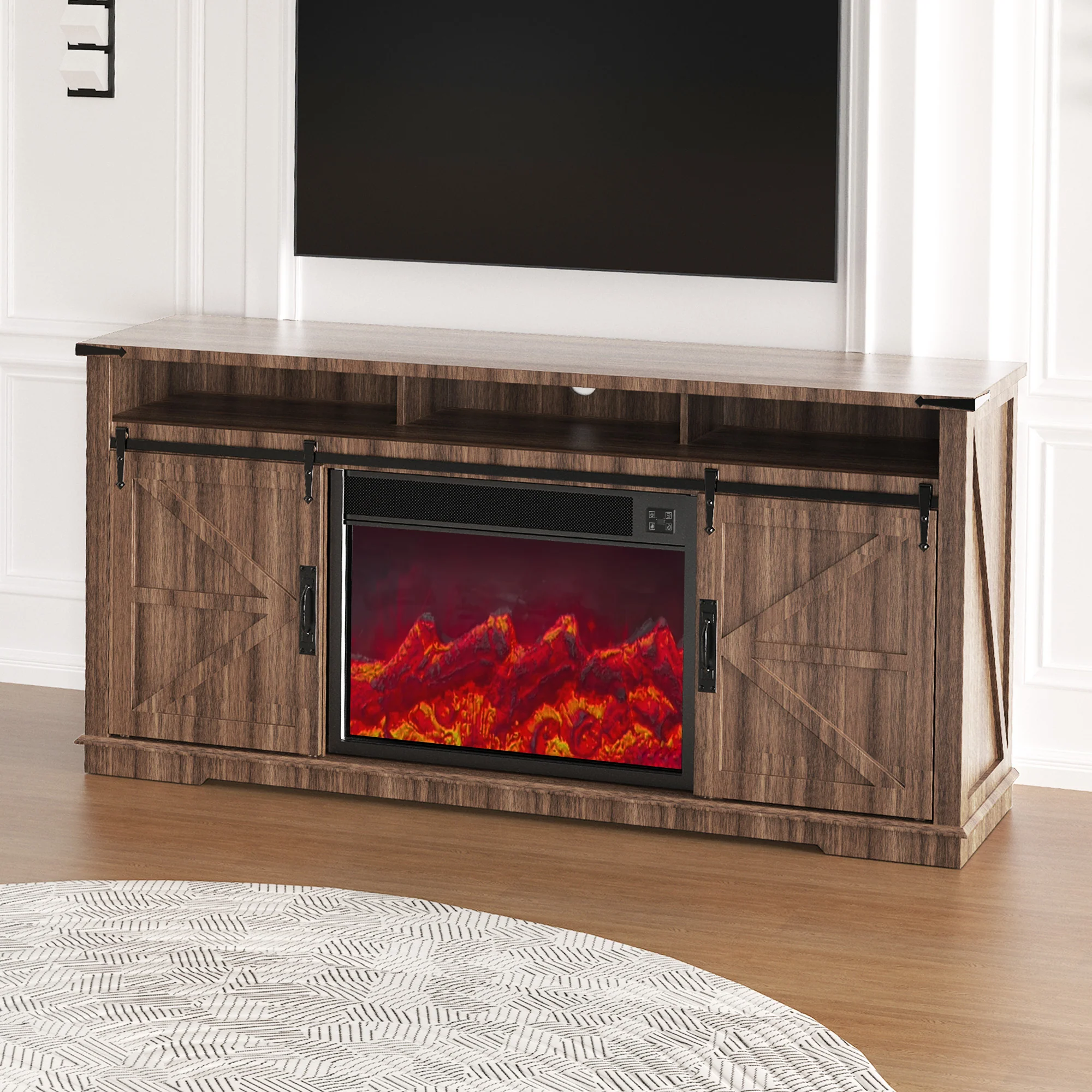 Fully Assembled 70" TV stand with an electronic fireplace
