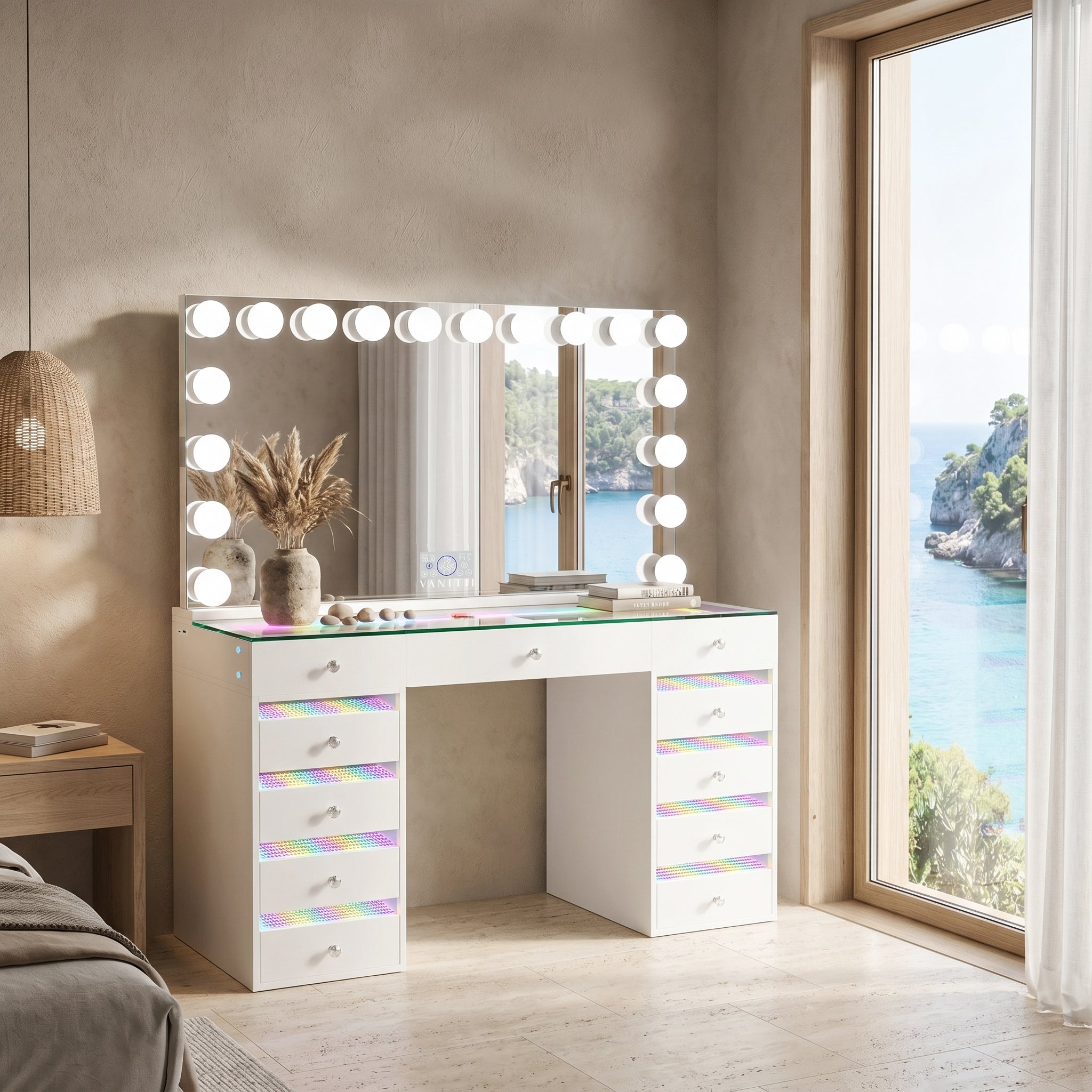 VANITII Fenair Vanity Set With 11 Drawers and 18 Bulbs Vanity Mirror
