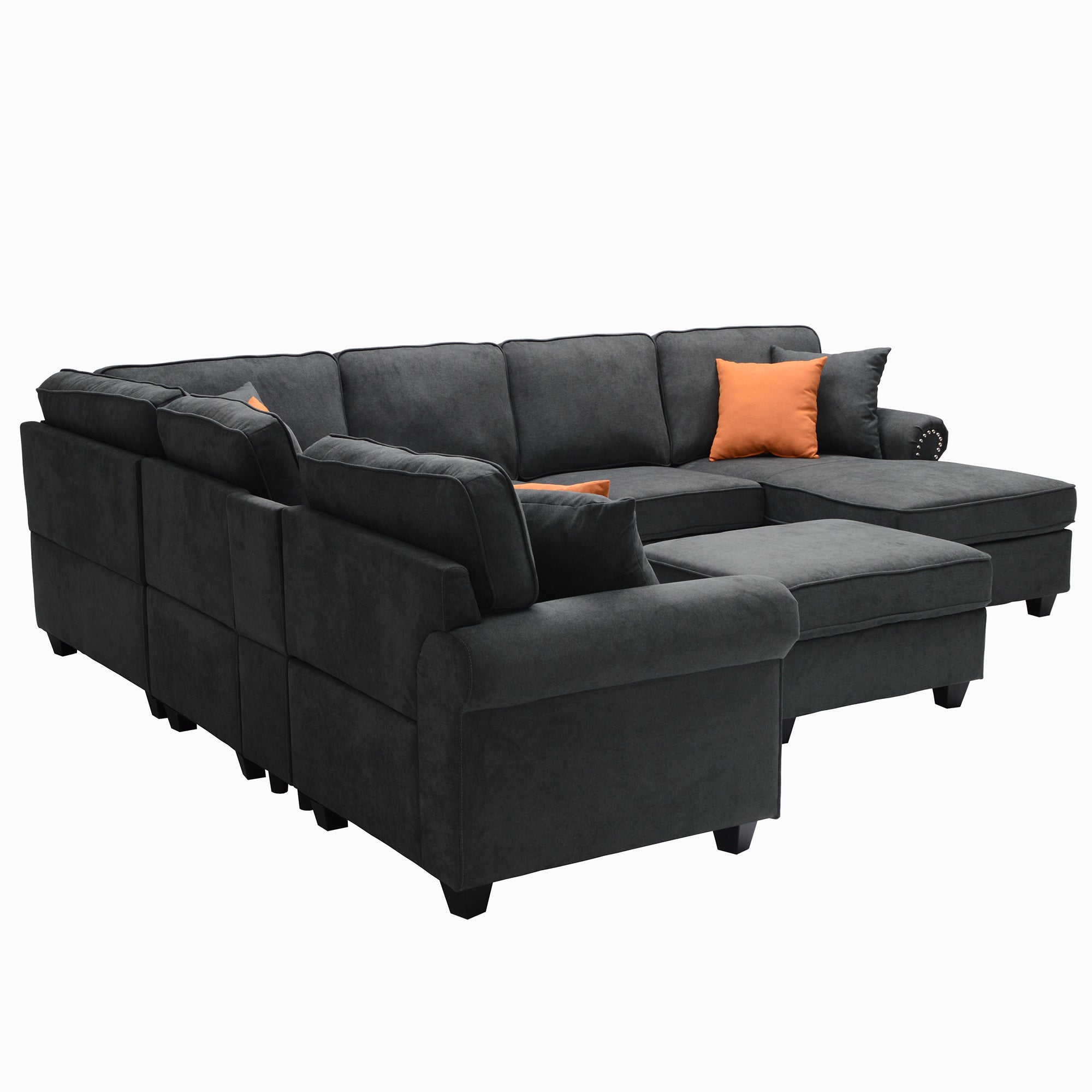 U-Shape Sectional With Cupholder Console And Ottoman