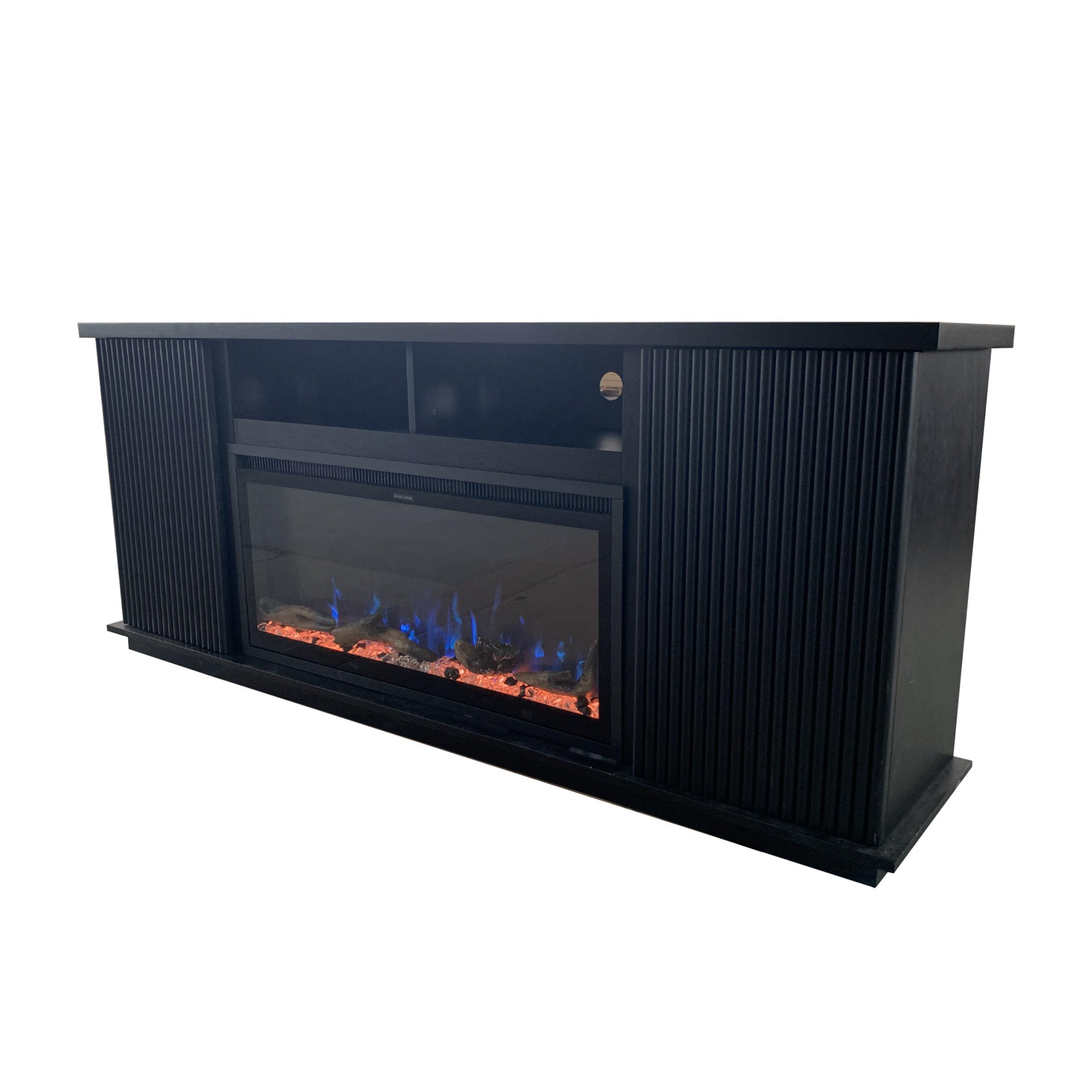 Fully Assembled 70" Black Okoume Veneer Fireplace TV Stand