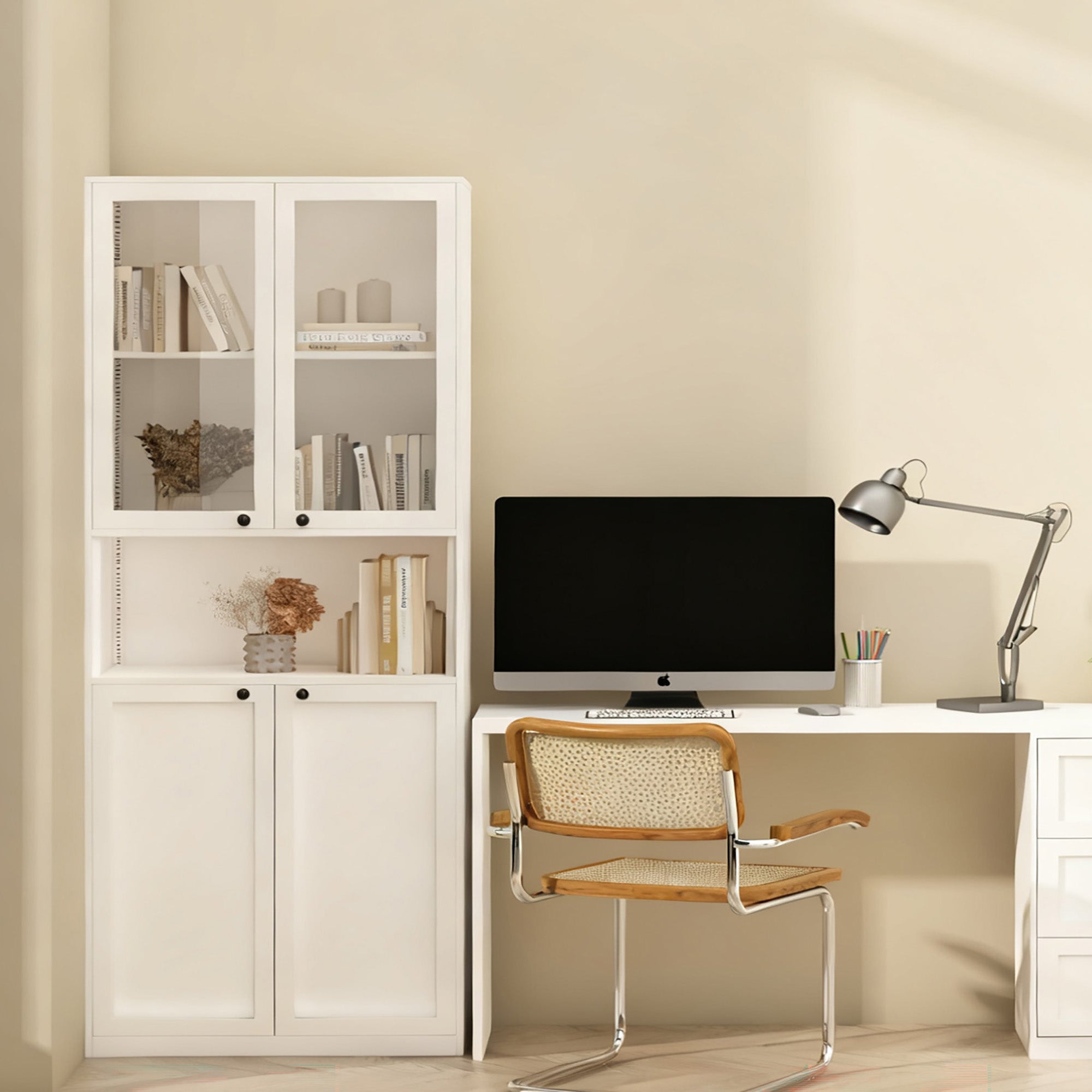 Glass-Door Steel Bookcase Cabinet with Middle Shelf