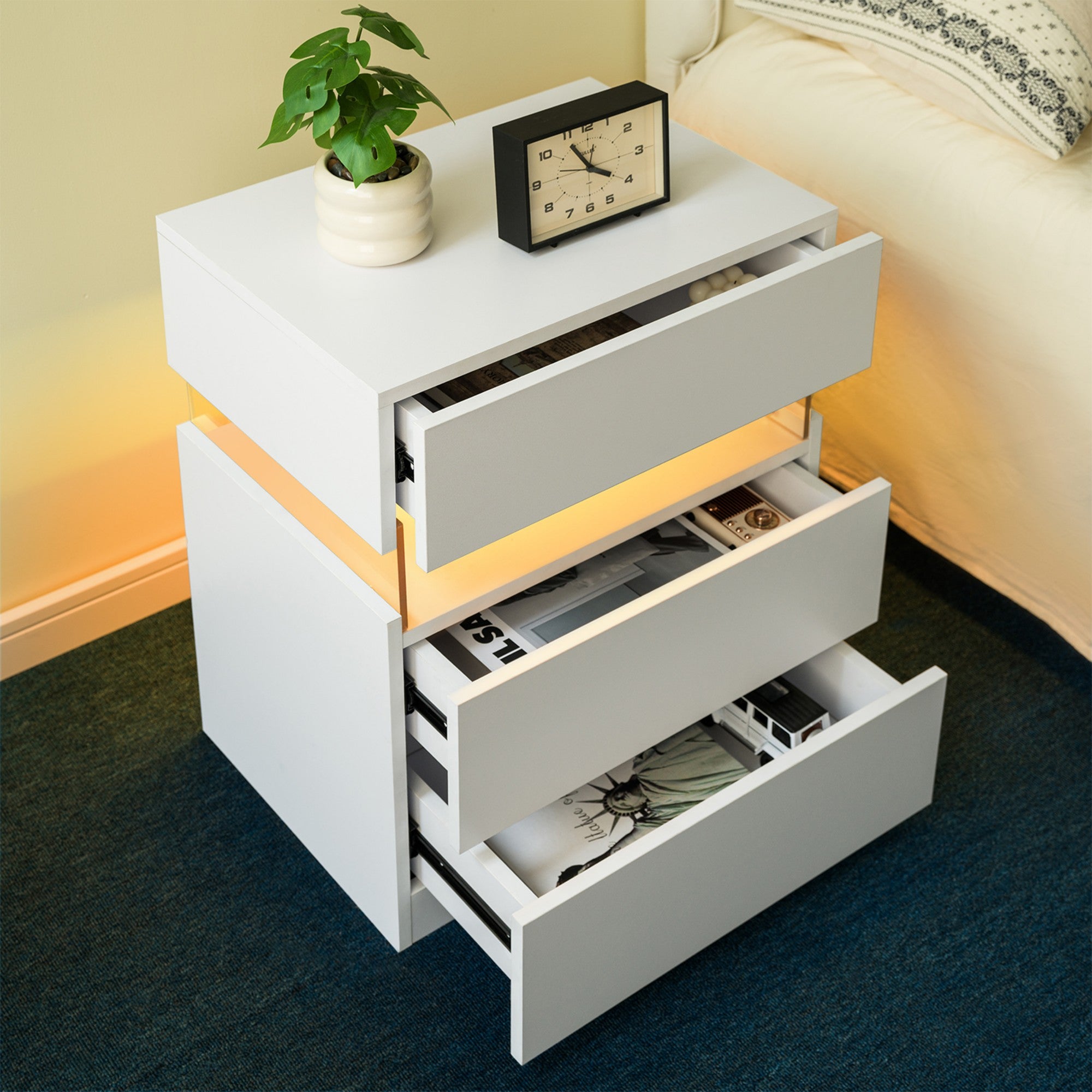 LED Nightstands 3 Drawer Dresser for Bedroom End Table with Acrylic Board LED Bedside Tables for Bedroom Living Room