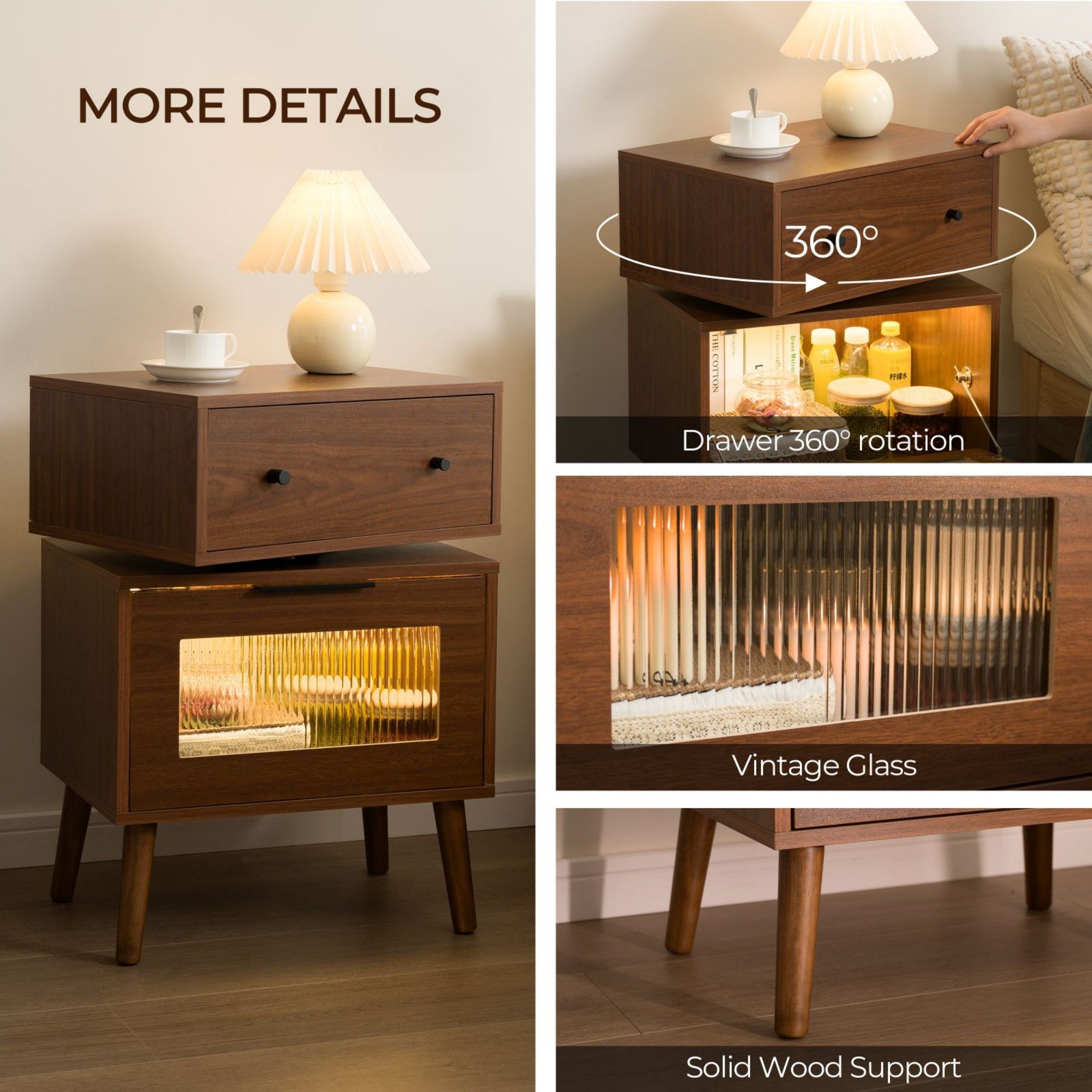LED Nightstand Modern Nightstands with 360° Rotating Drawer LED Bedside Table with Glass Door Storage Mid Century Bedside Tables