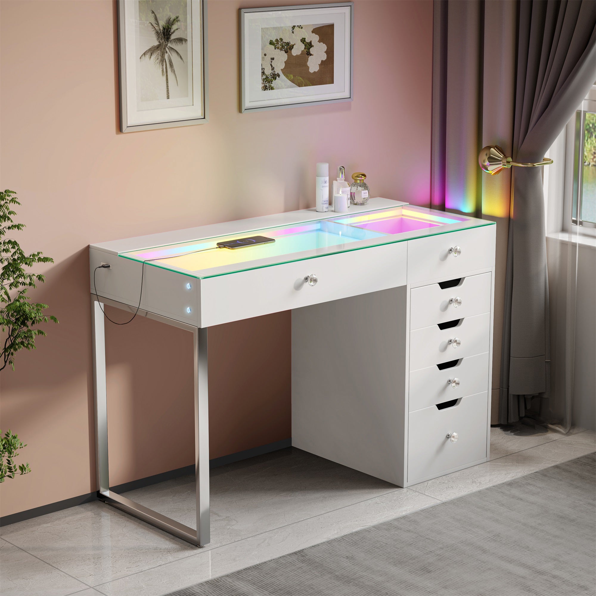 VANITII Diana RGB Vanity Desk - 6 Storage Drawers