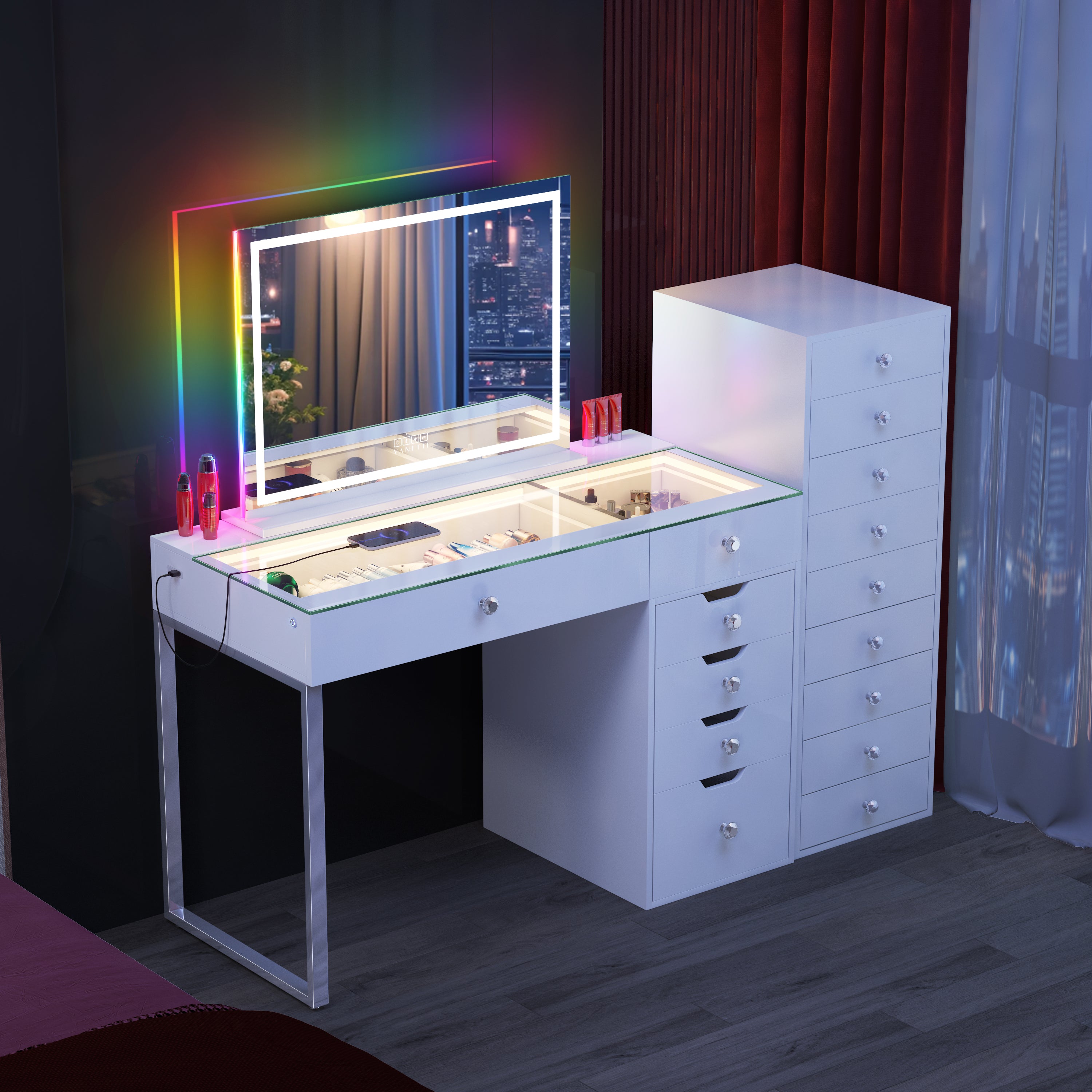 May Promotion! VANITII Diana 8 Drawers Vanity Desk with Full Light and 18 Bulbs RGB Vanity Mirror and 9 Drawer Storage Unit (Only Sell on Dallas)
