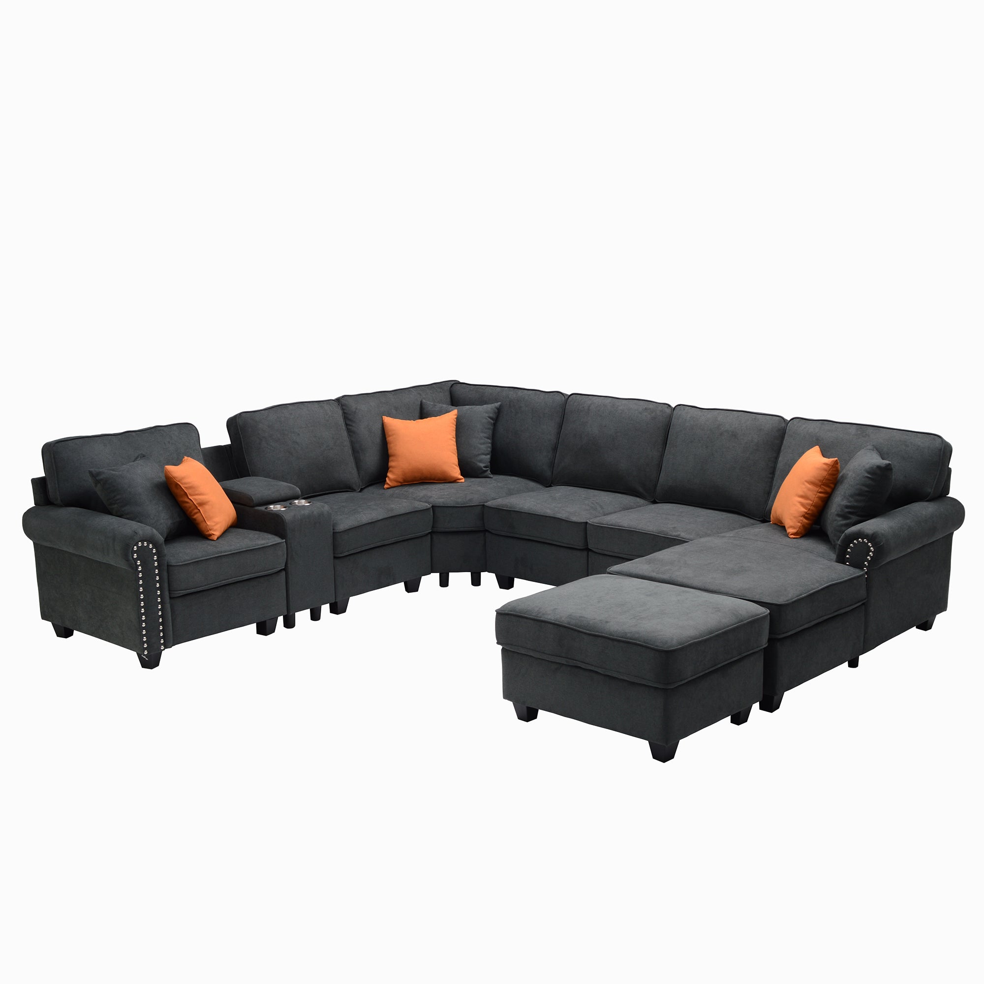 U-Shape Sectional With Cupholder Console And Ottoman