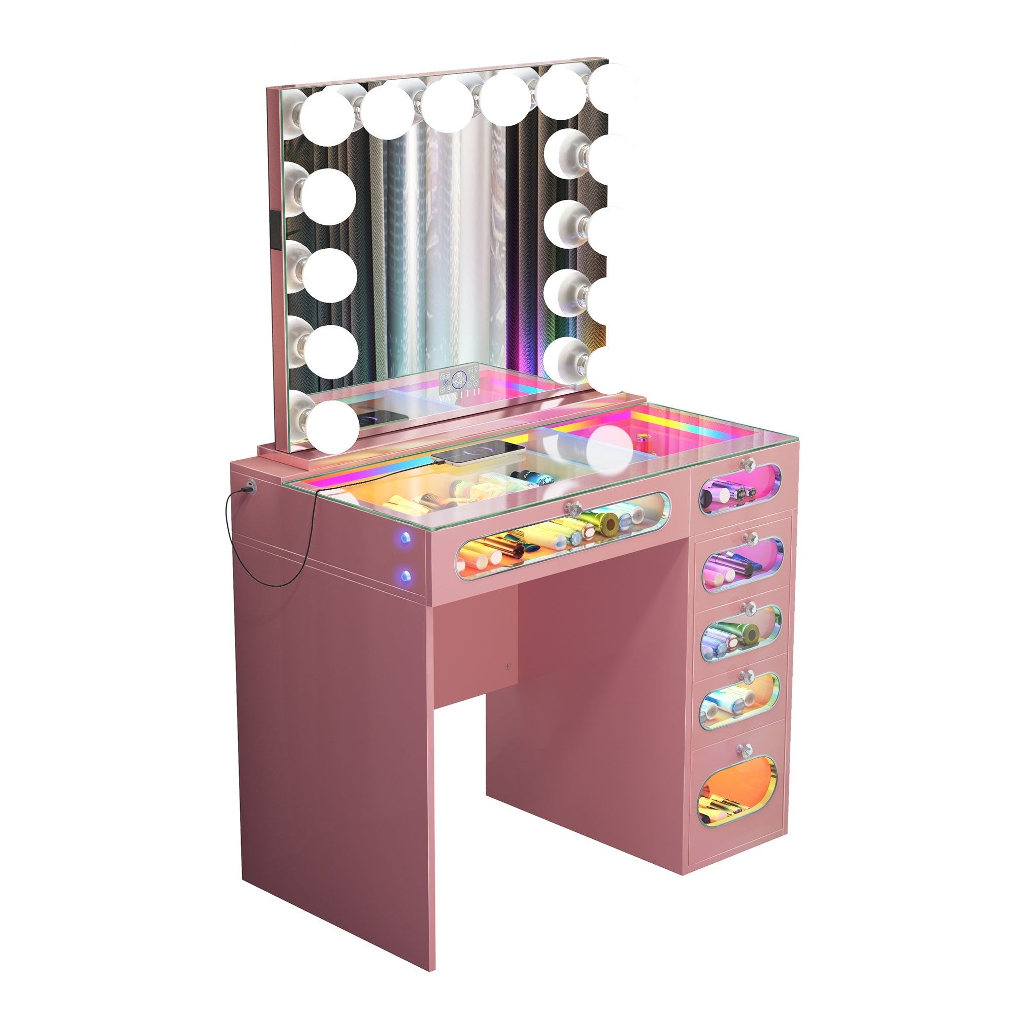 New Release ! VANITII 6 Glass Fronted Drawers Vanity Desk with Marilyn Vanity Mirror