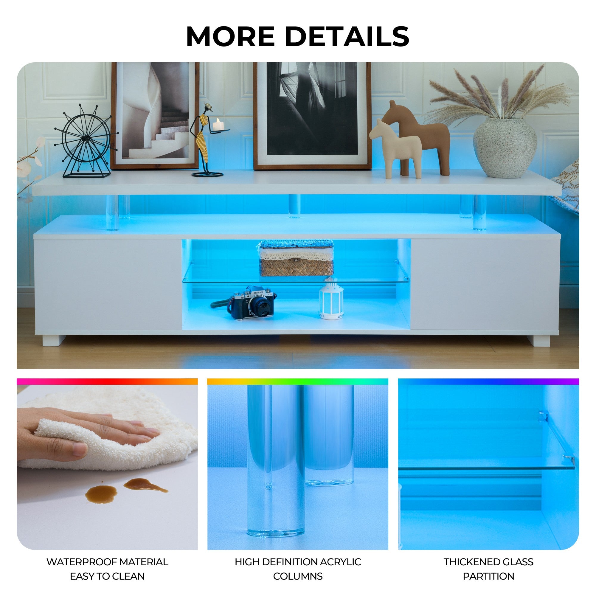 TV Stand LED Gaming Entertainment Center Media Storage Console Table with Large Side Cabinet for Living Room (White)