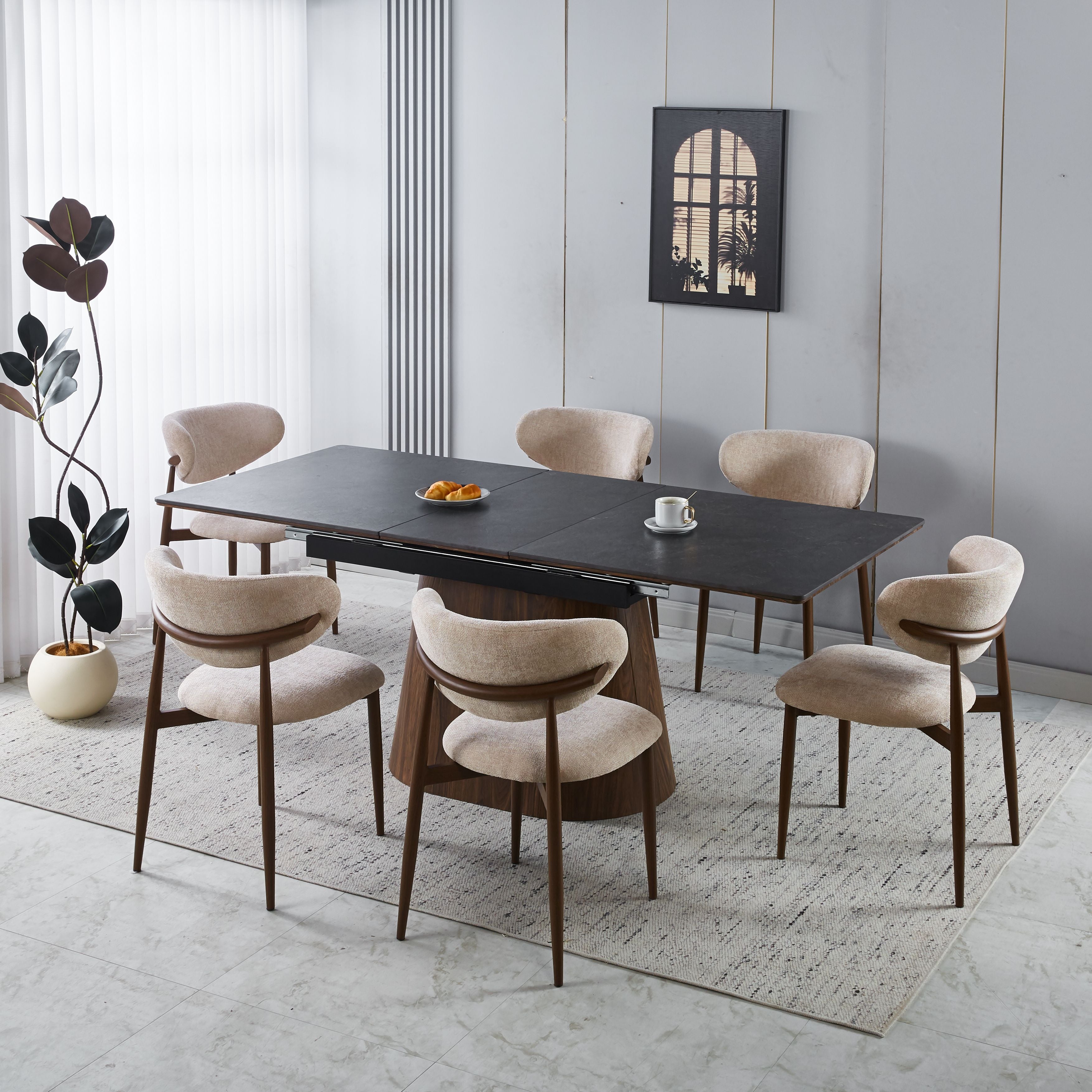 Modern Extendable Black Ceramic Tabletop Dining Set with Beige Fabric Chairs with Dark Wood Legs (1 Table + 4/6 Chairs)