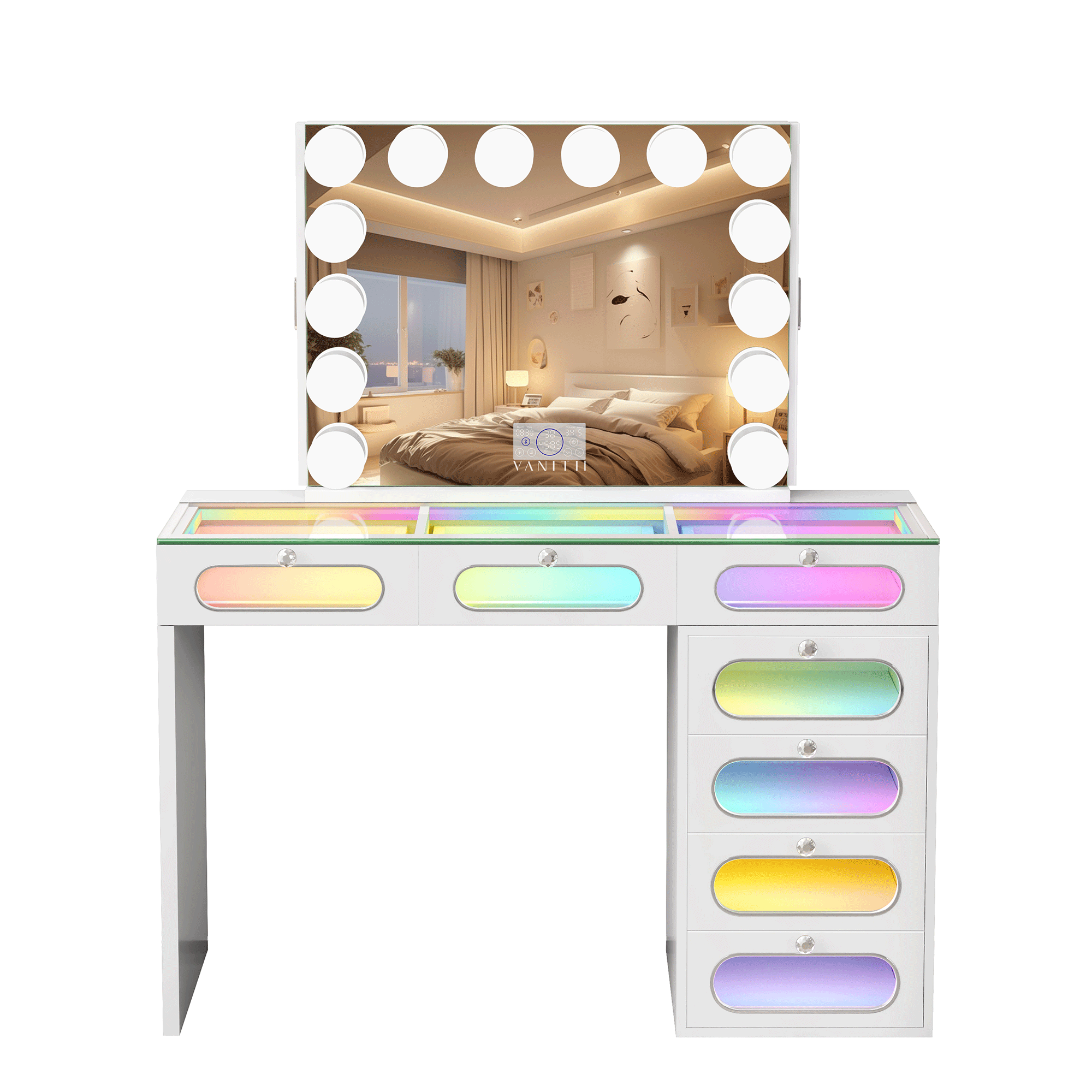 New Release ! VANITII 7 Glass Fronted Drawers with Hollywood Vanity Mirror