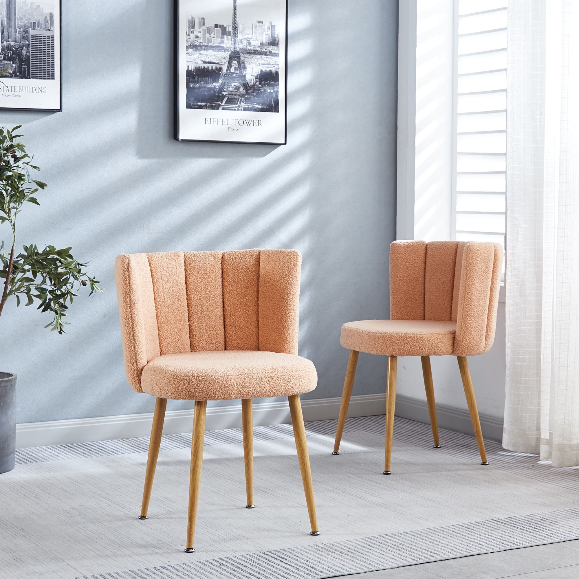 Modern Beige Dining Chairs - Iron Tube Wood-Color Leg s, Shorthair Cushions