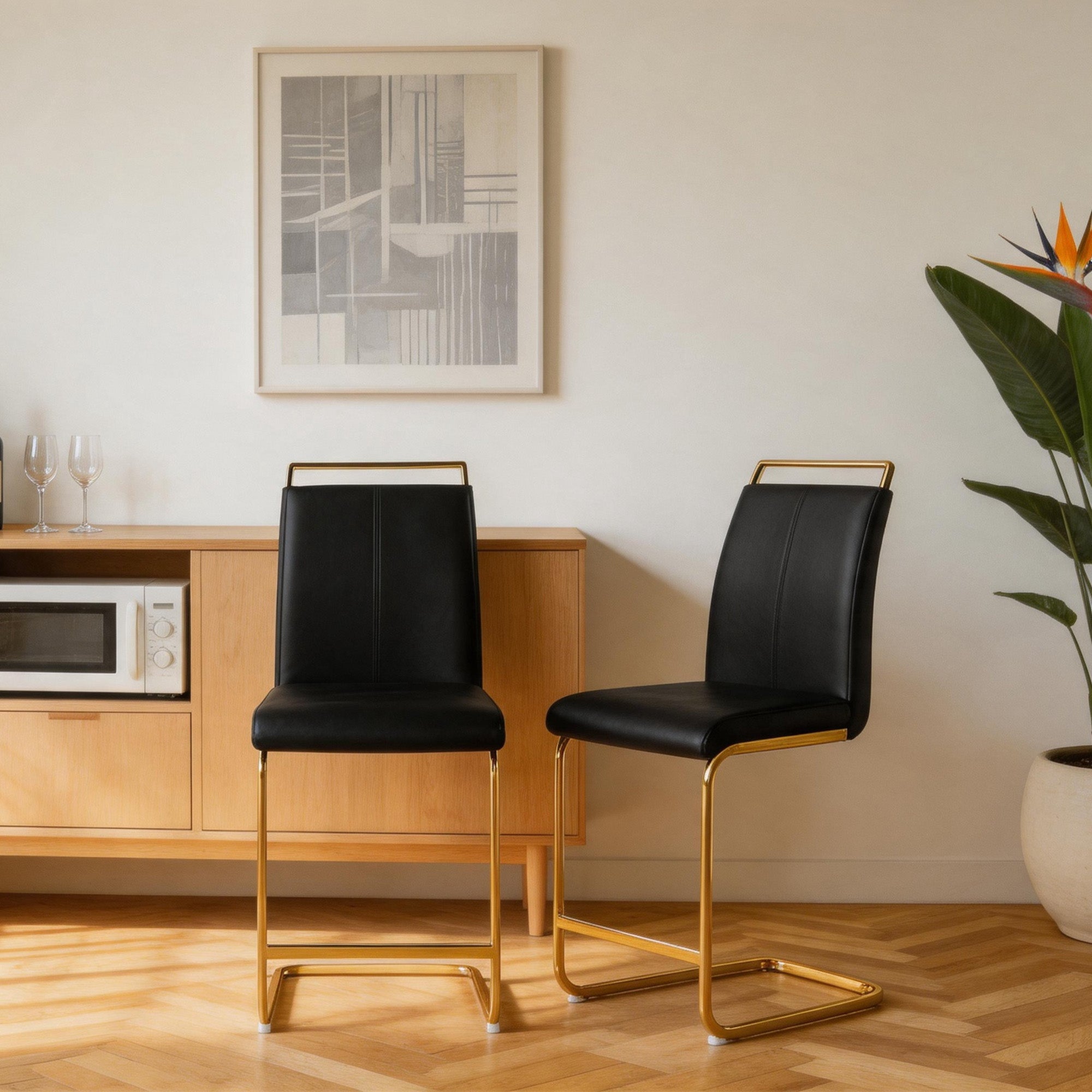 Contemporary Upholstered Dining Chair, Diamond Stitched PU Leather with Gold/Chrome Cantilever Base