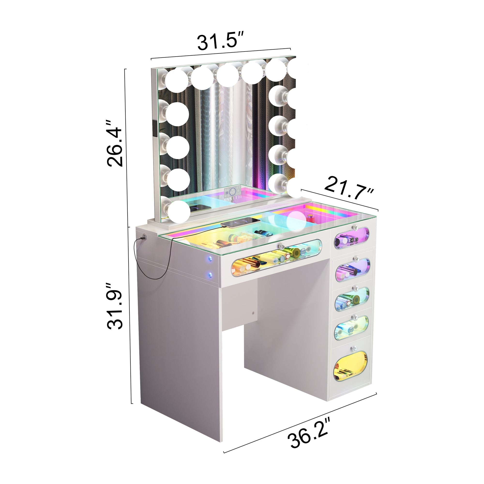 New Release ! VANITII 6 Glass Fronted Drawers Vanity Desk with Marilyn Vanity Mirror