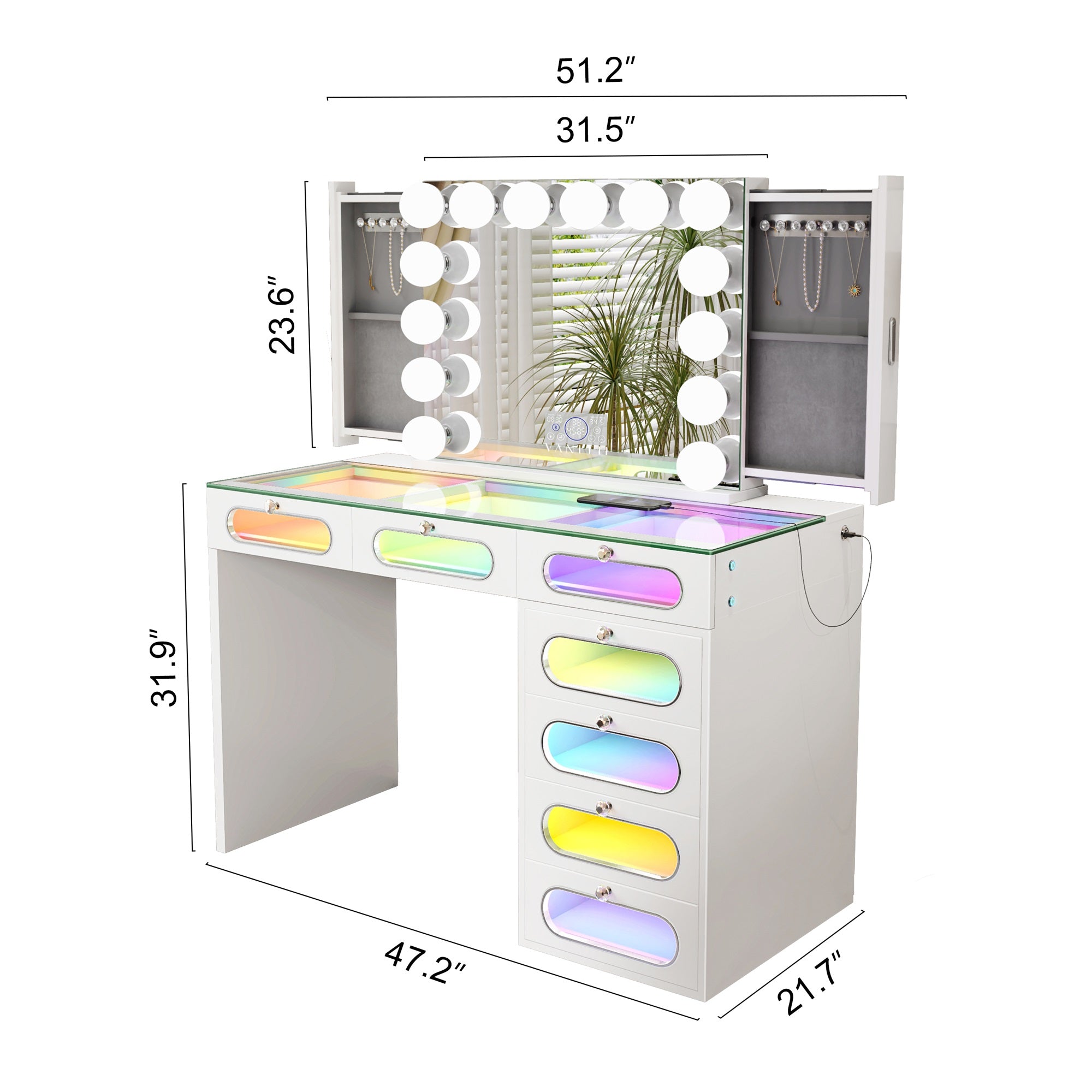 New Release ! VANITII 7 Glass Fronted Drawers with Hollywood Vanity Mirror