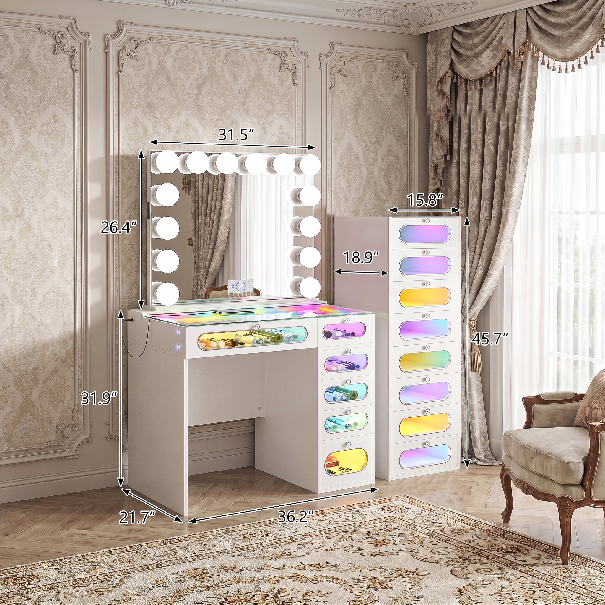 VANITII 6 Glass Fronted Drawers Vanity Desk with Marilyn Vanity Mirror
