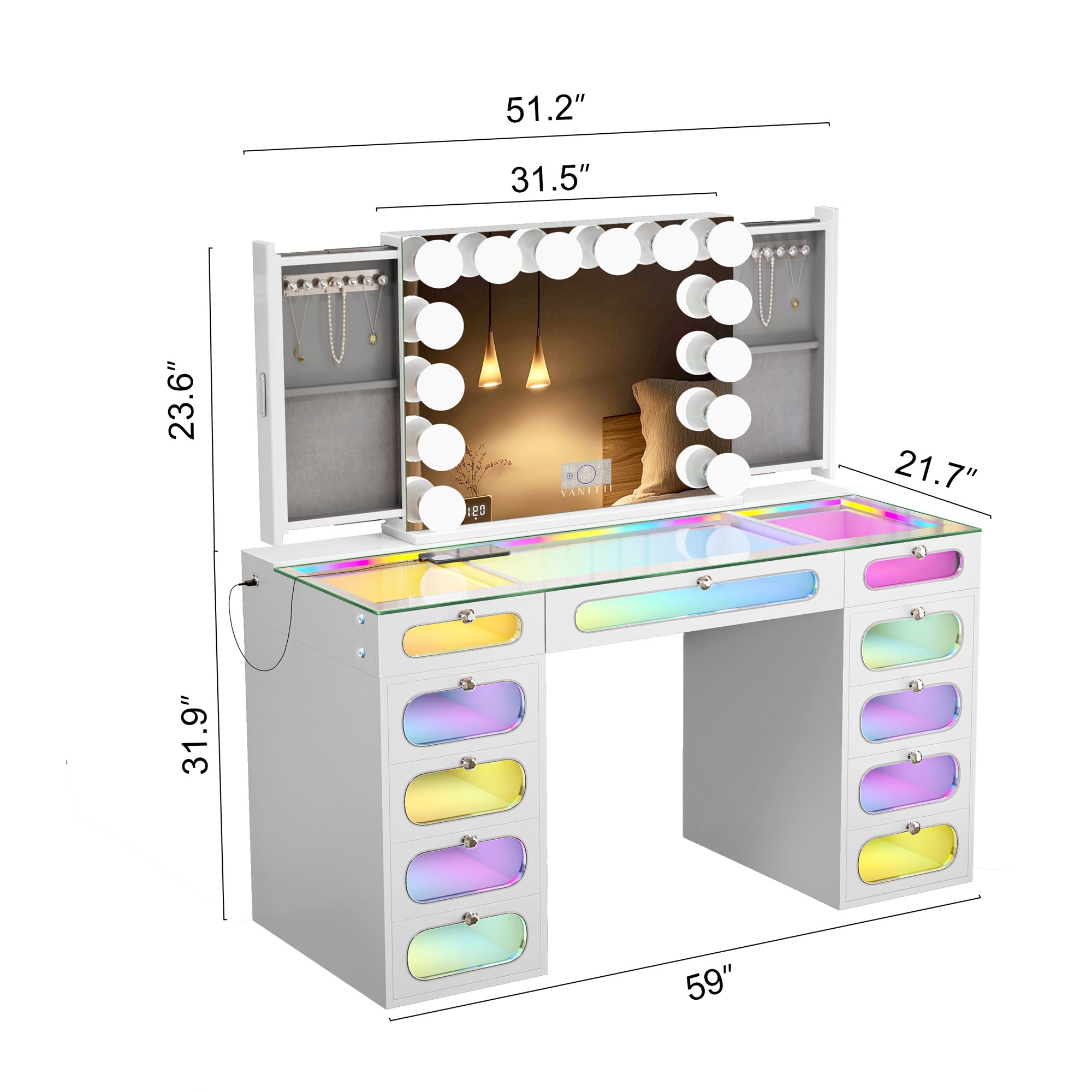 New Release ! VANITII Priscilla Vanity Set with Hollywood Vanity Mirror Pro with Jewelry Cabinet