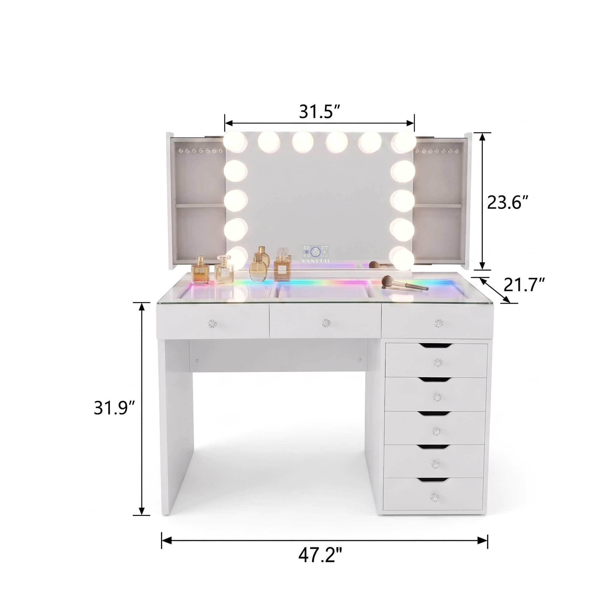 VANITII Diana 8 Storage Drawers Vanity Desk Set -Mirror with Jewelry Organizer