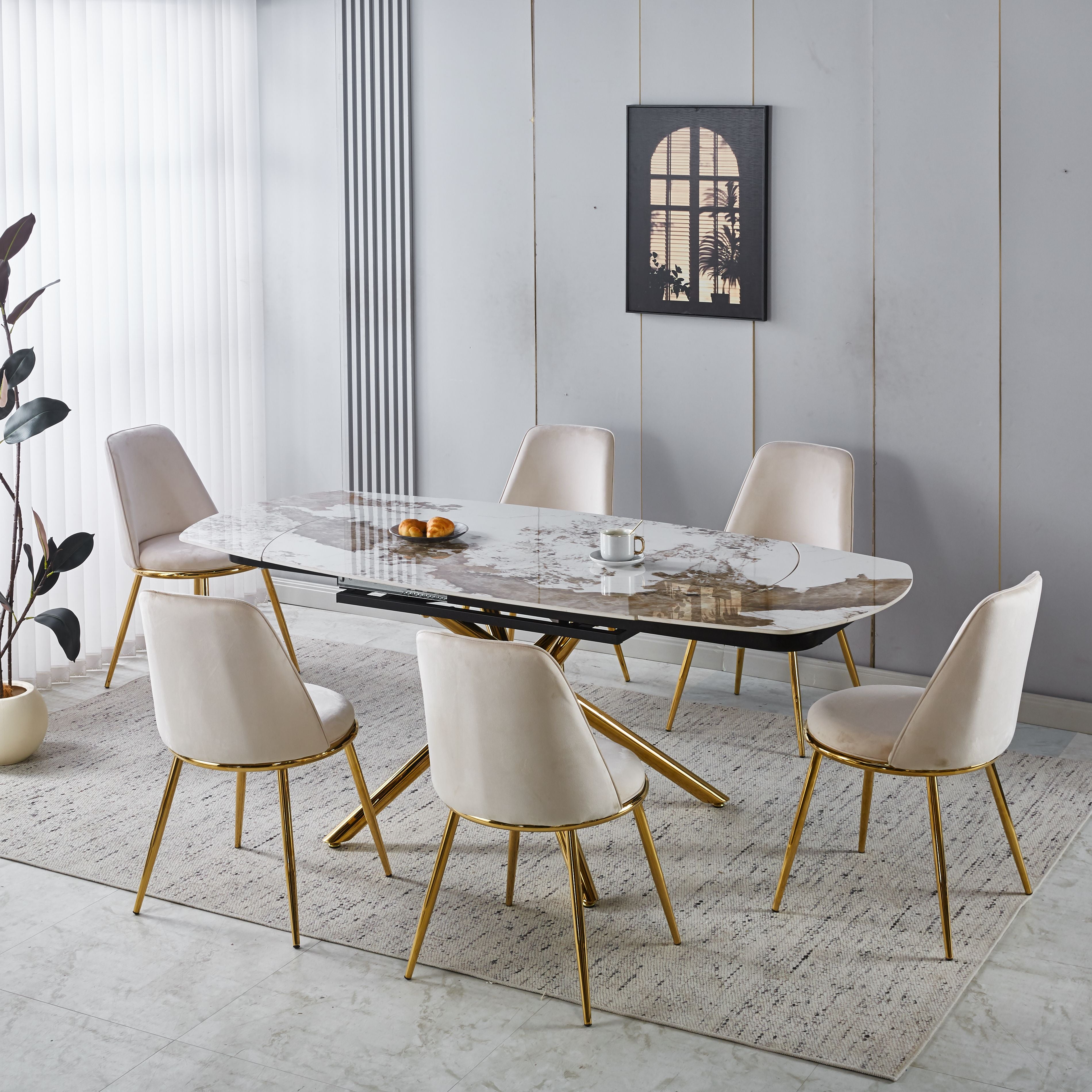 Modern Minimalist White Ceramic Tabletop Dining Set with Beige Velvet Fabric Chairs with Gold Legs (1 Table + 4/6 Chairs)