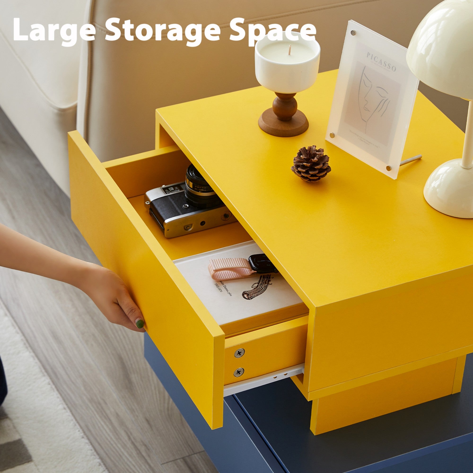Modern Nightstand End Side Table with Large Storage Space Bedside Table for Bedroom Living Room and Playroom (Yellow+Blue)