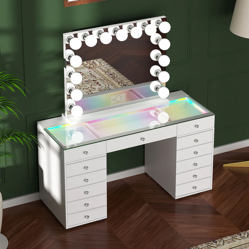 Promotion Deal! VANITII Eva-RGB Vanity Desk Set with 13 Storage Drawers and 15 Bulbs Light Mirror（EVA(IVY-TOP)-RGB+10080BT-WHT-A）