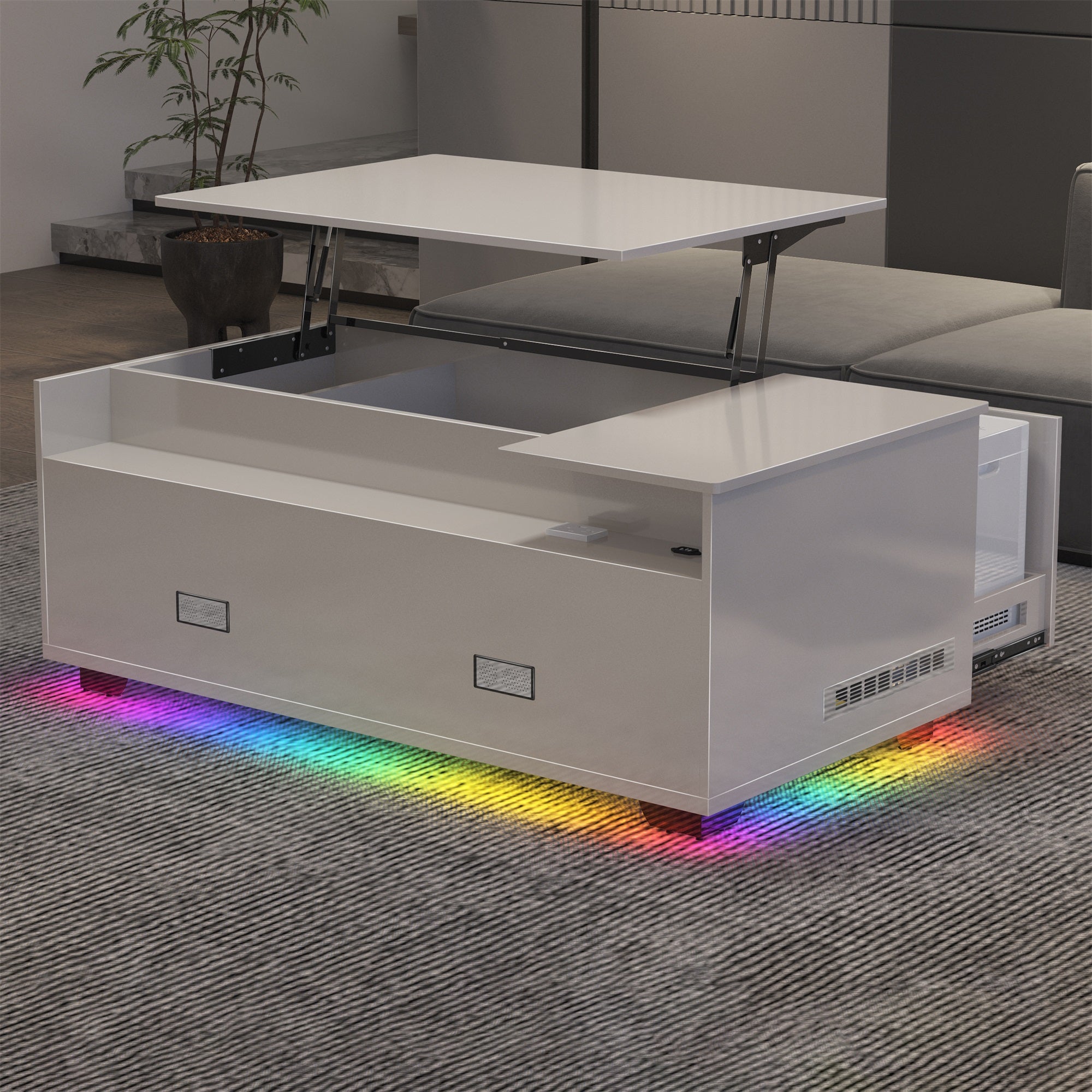 VANITII Lift Table With Spacious Storage Space and Mini Fridge