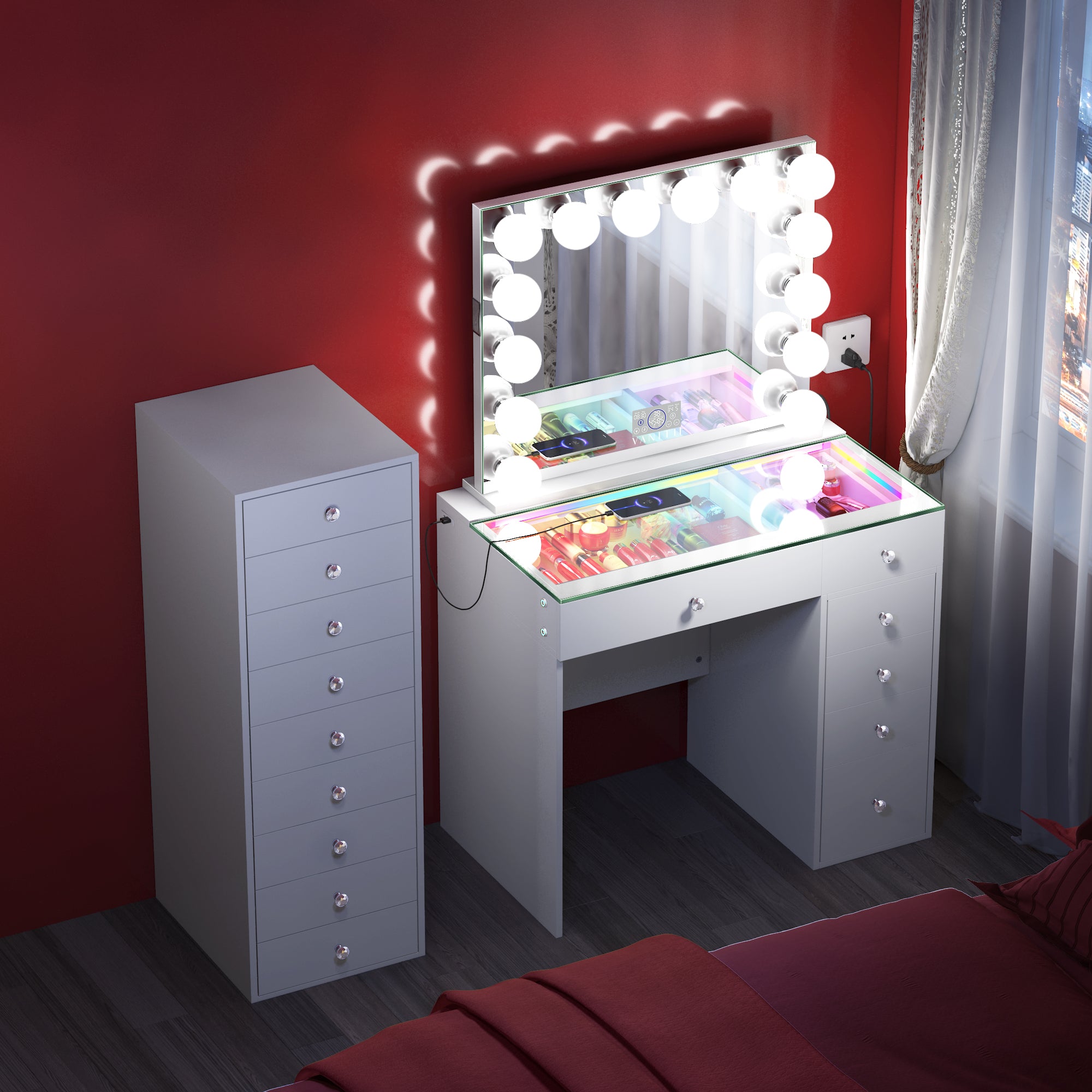 April Promotion ! VANITII Mini Diana Vanity Desk with Marilyn Hollywood Vanity Mirror and 9 Drawer Unit (Only sell in California)