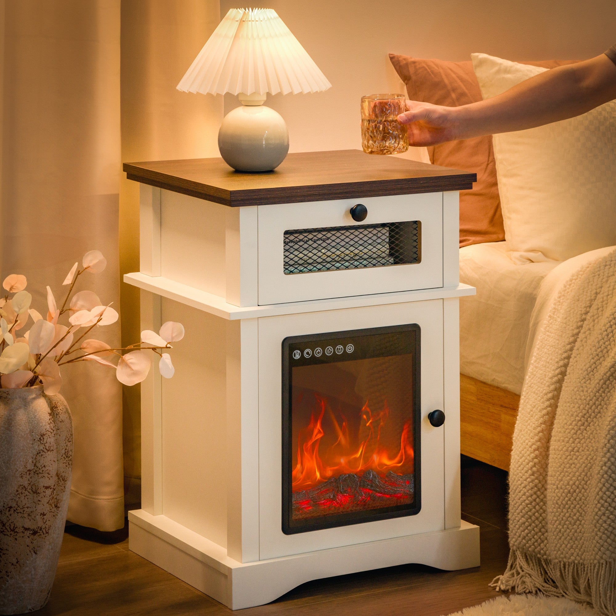 LED Nightstand with Drawer and 3D Fireplace Flame for Bedroom and Living Room