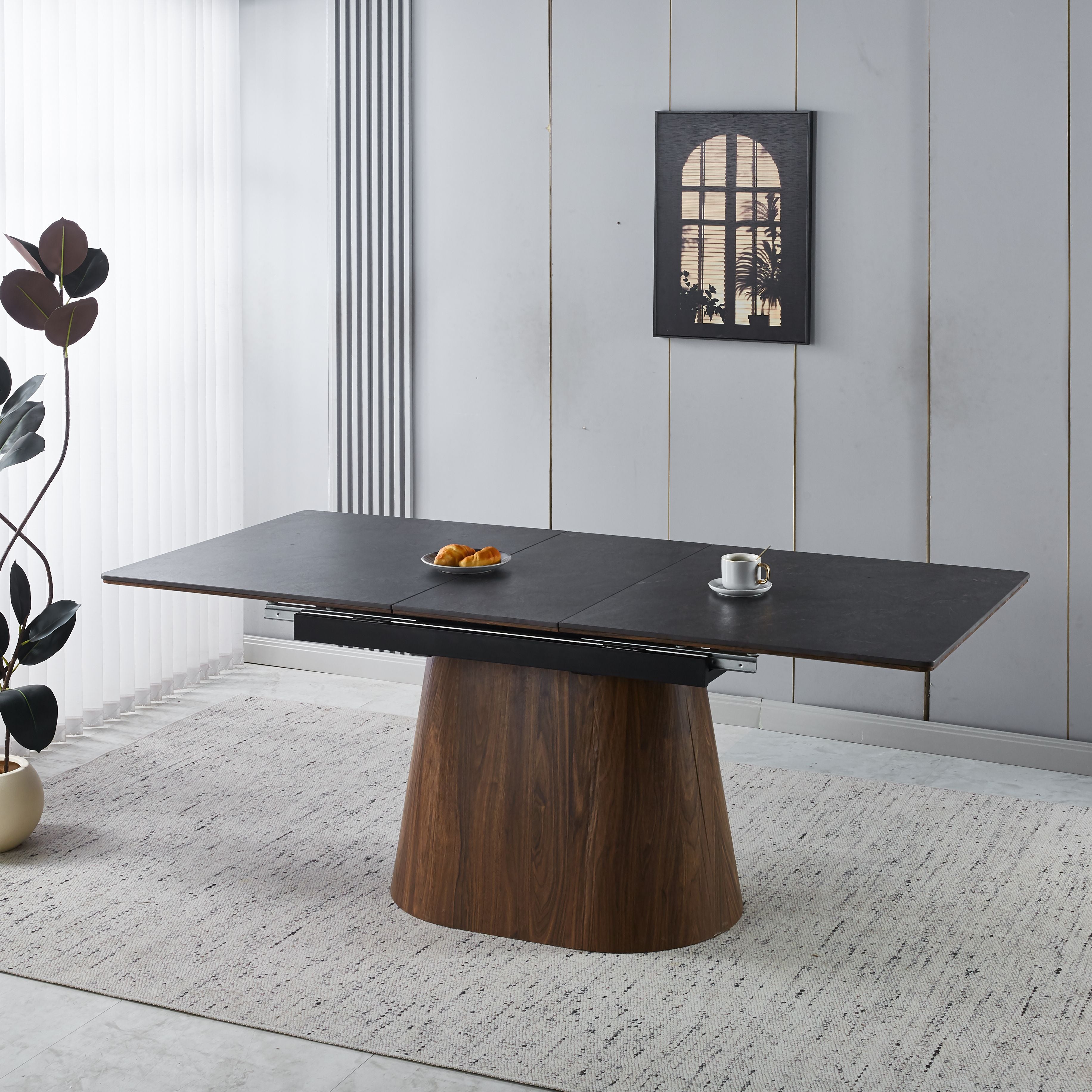 Modern Extendable Black Ceramic Tabletop Dining Set with Beige Fabric Chairs with Dark Wood Legs (1 Table + 4/6 Chairs)