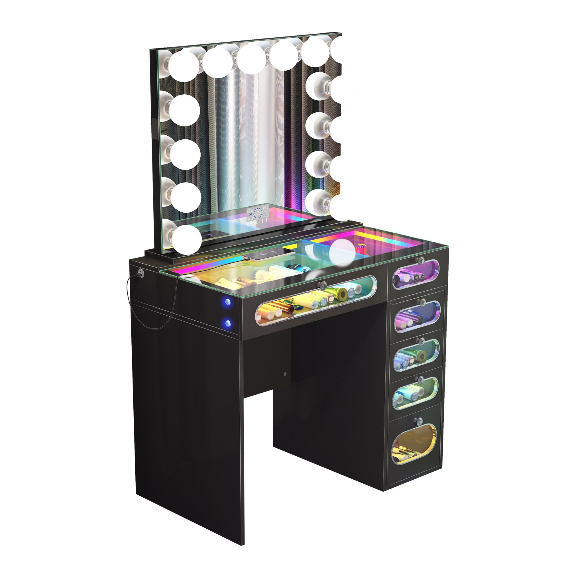 New Release ! VANITII 6 Glass Fronted Drawers Vanity Desk with Marilyn Vanity Mirror