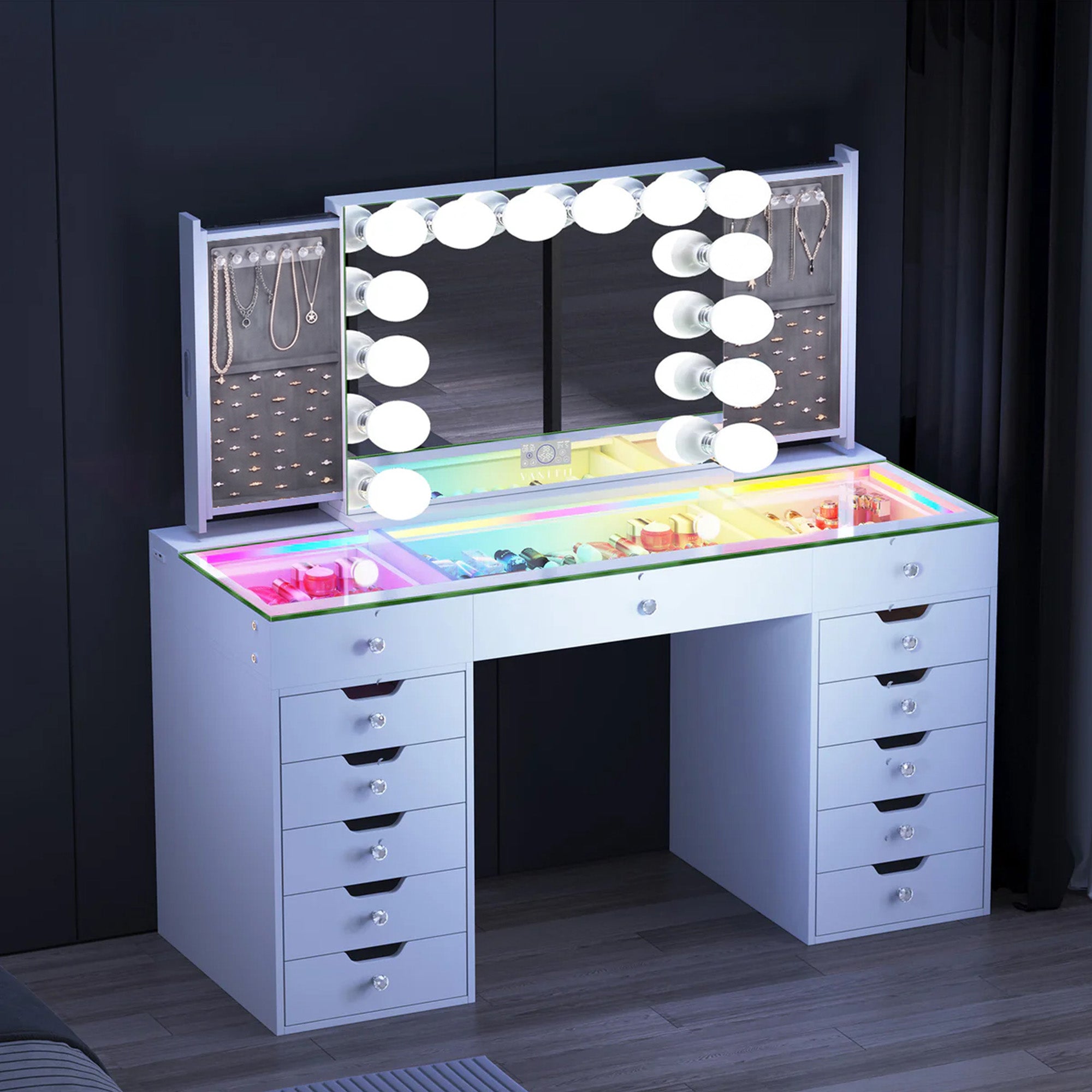 VANITII Eva-RGB Vanity Desk Set with Marilyn Mirror & Jewelry Organizer - Vanities & Desks by VANITII in Santa Maria, CA