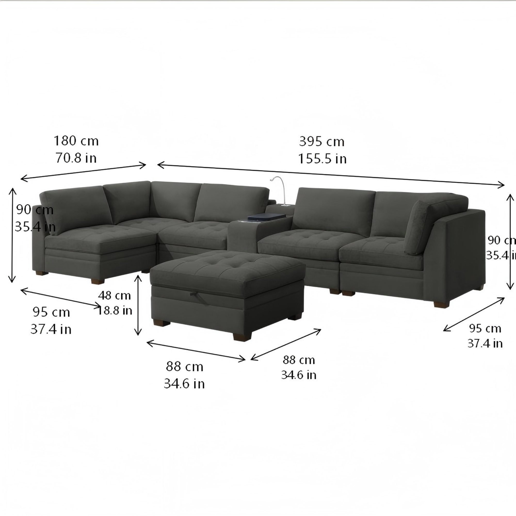 Tisdale Modular Sectional 7-piece Charcoal with Storage Ottoman