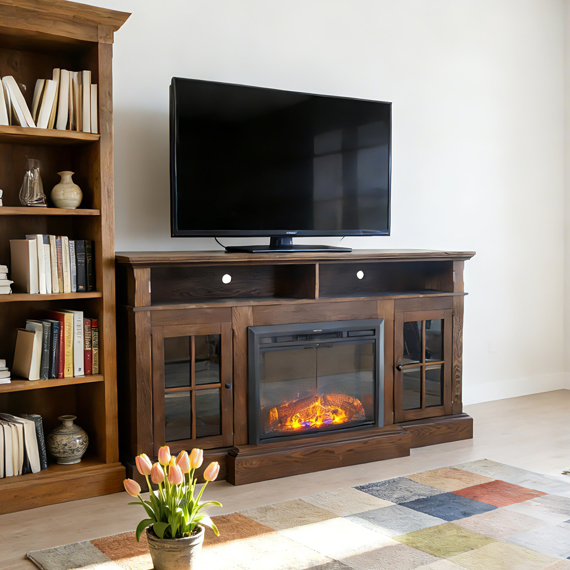 Dark Brown Birch Wood Veneer Fireplace TV Stand