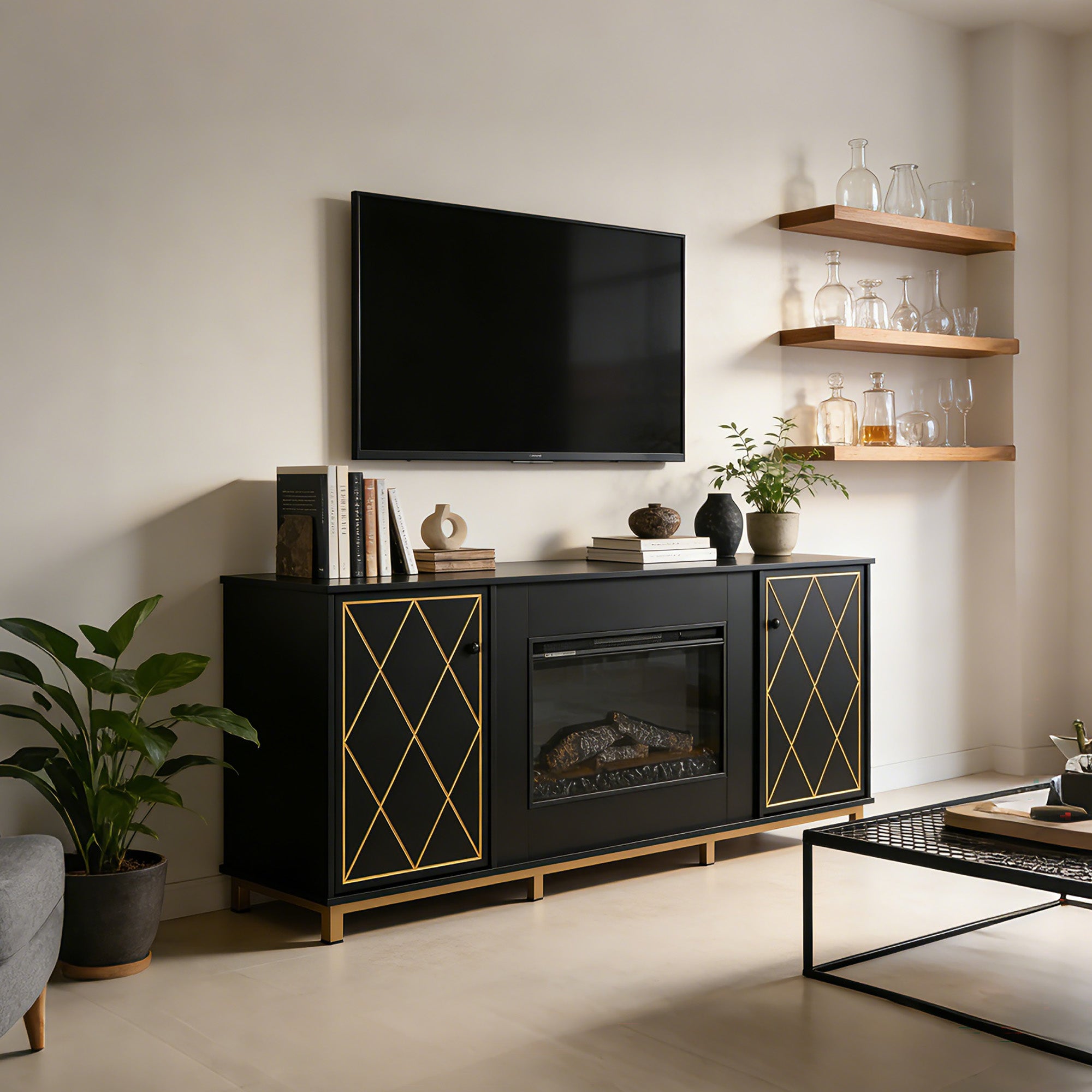 Black Melamine Veneer Fireplace TV stand with Bluetooth