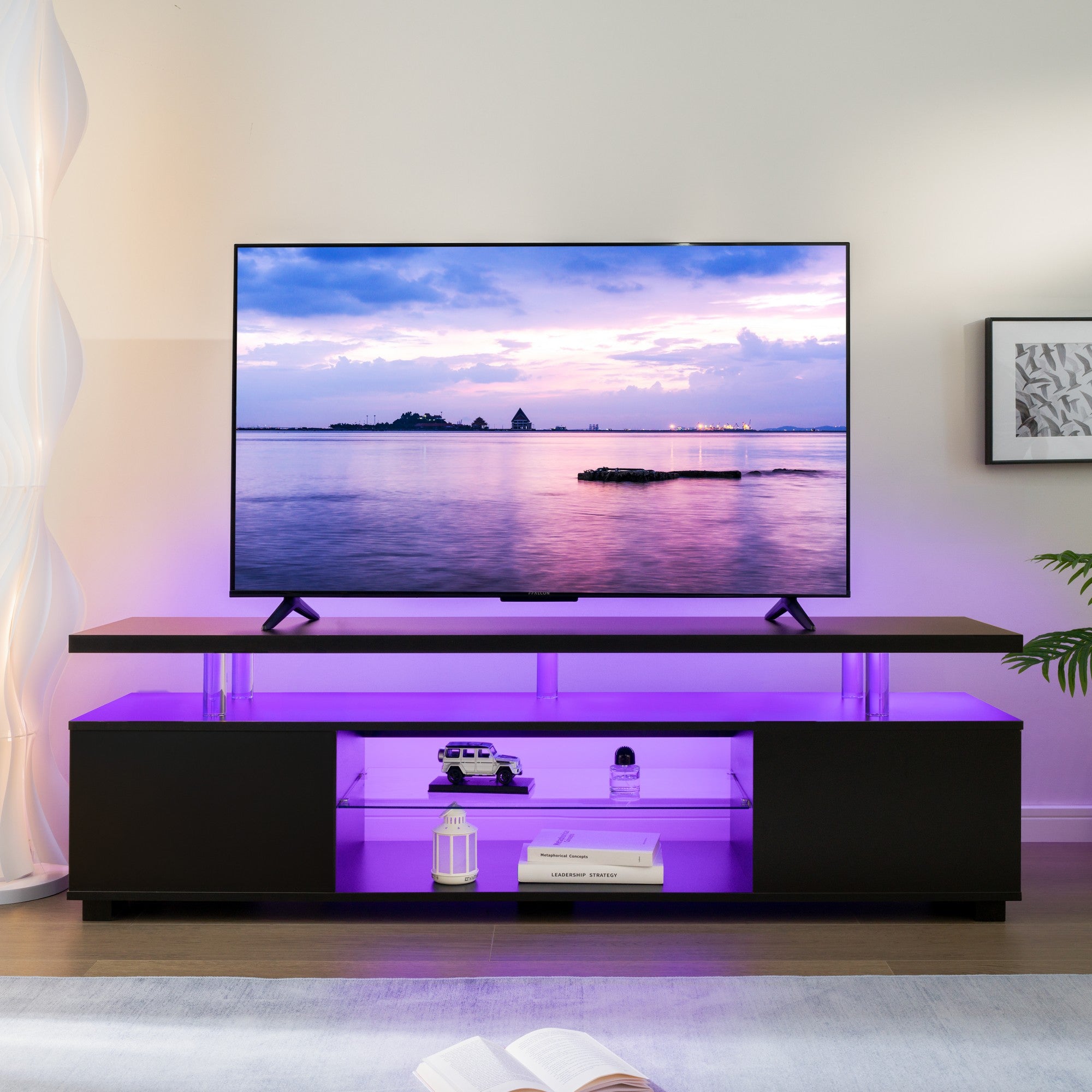 TV Stand LED Gaming Entertainment Center Media Storage Console Table with Large Side Cabinet for Living Room (White)
