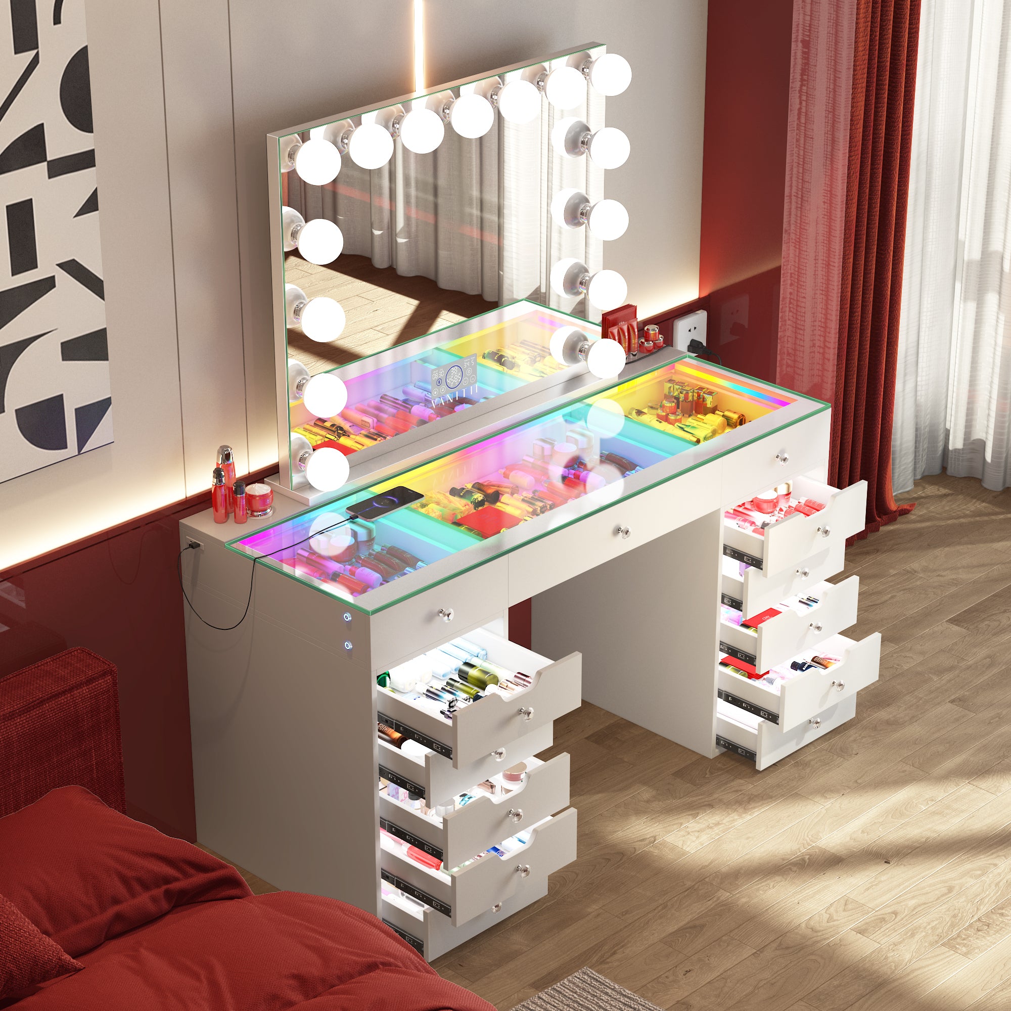 VANITII Eva Vanity Desk  - 13 Storage Drawers with Full Light &RGB