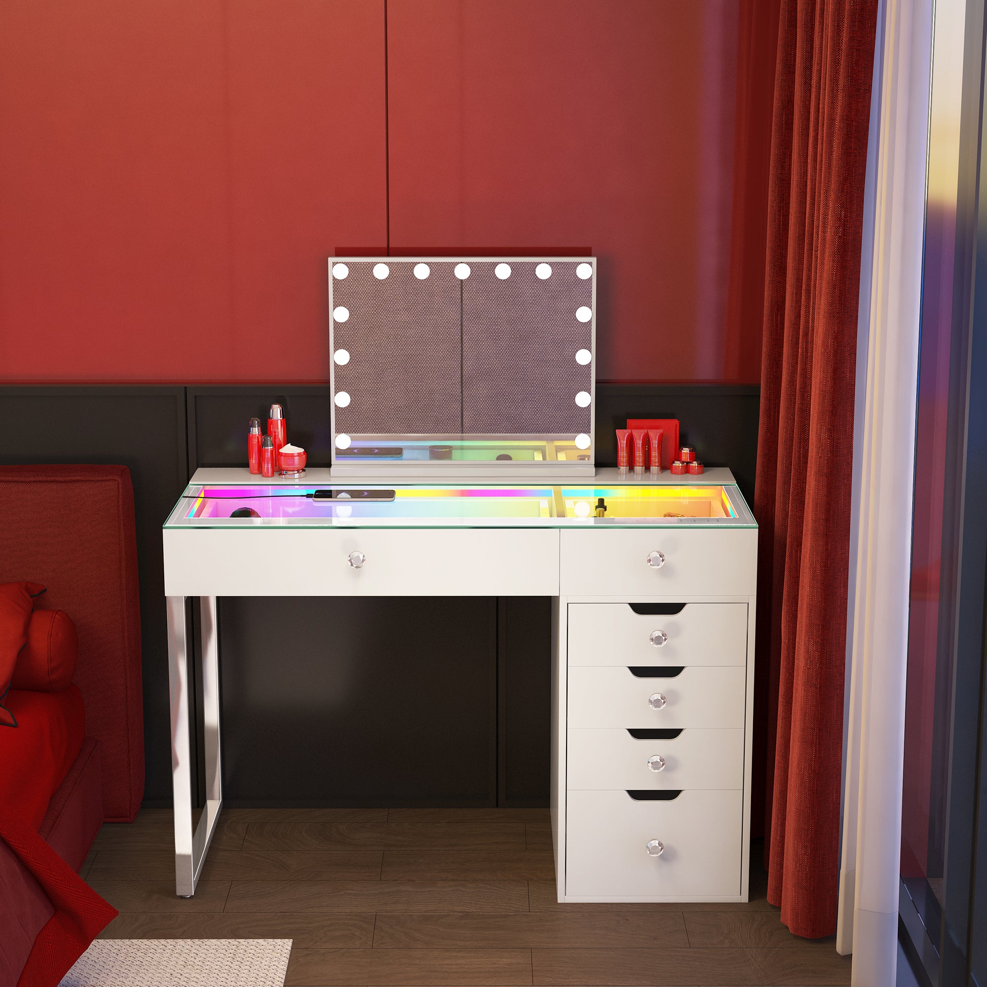 VANITII Diana RGB Vanity Desk - 6 Storage Drawers