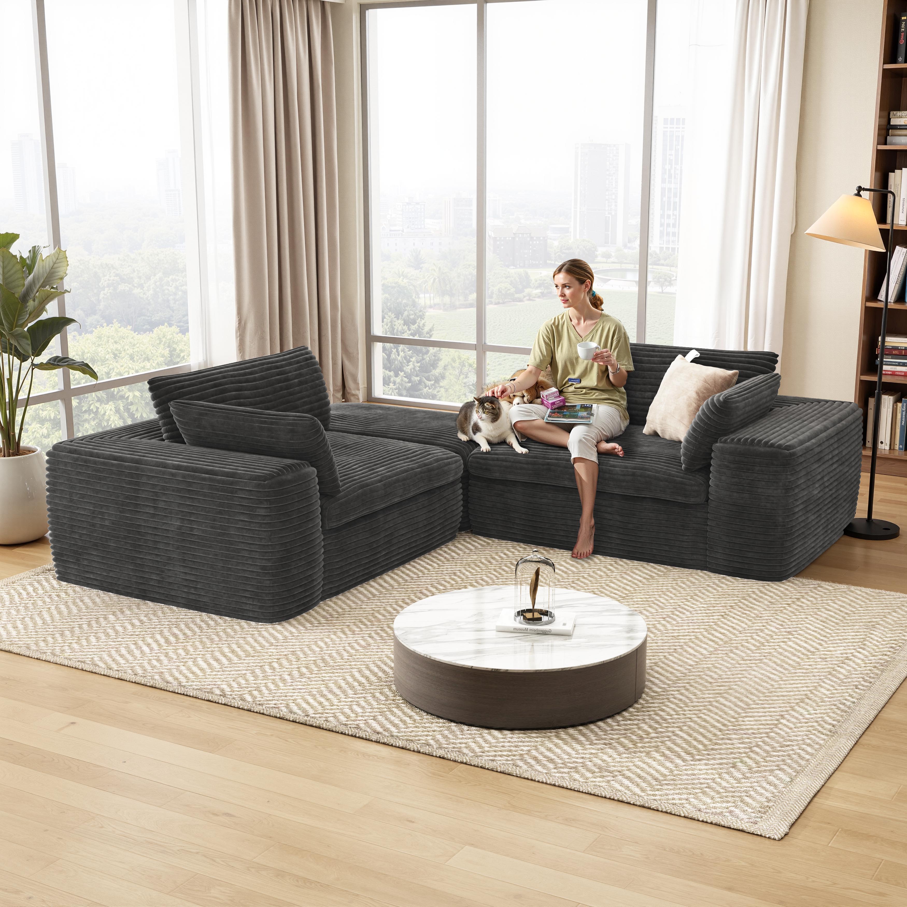 L shape Modular Sectional Sofa, Compressed Sectional Sofa, Compressed Sofa Couch Space-Efficient Design-Grey
