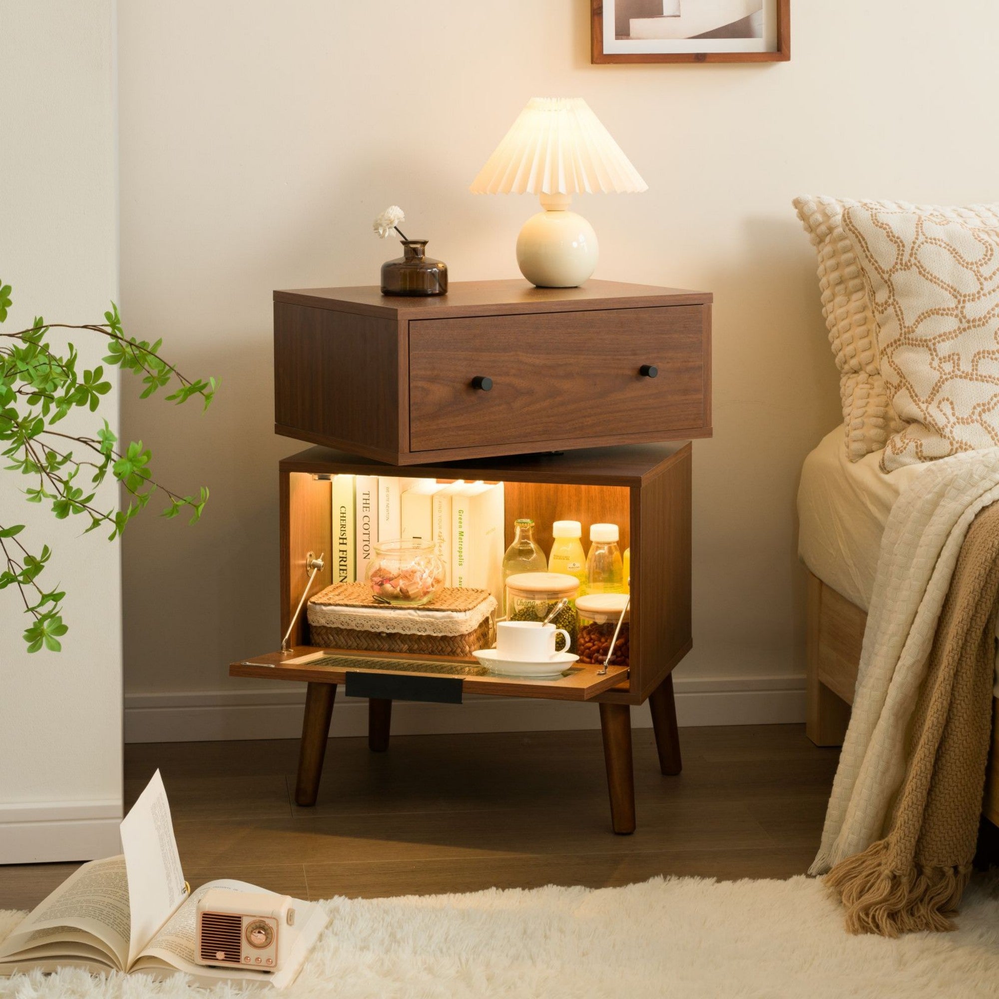 LED Nightstand Modern Nightstands with 360° Rotating Drawer LED Bedside Table with Glass Door Storage Mid Century Bedside Tables