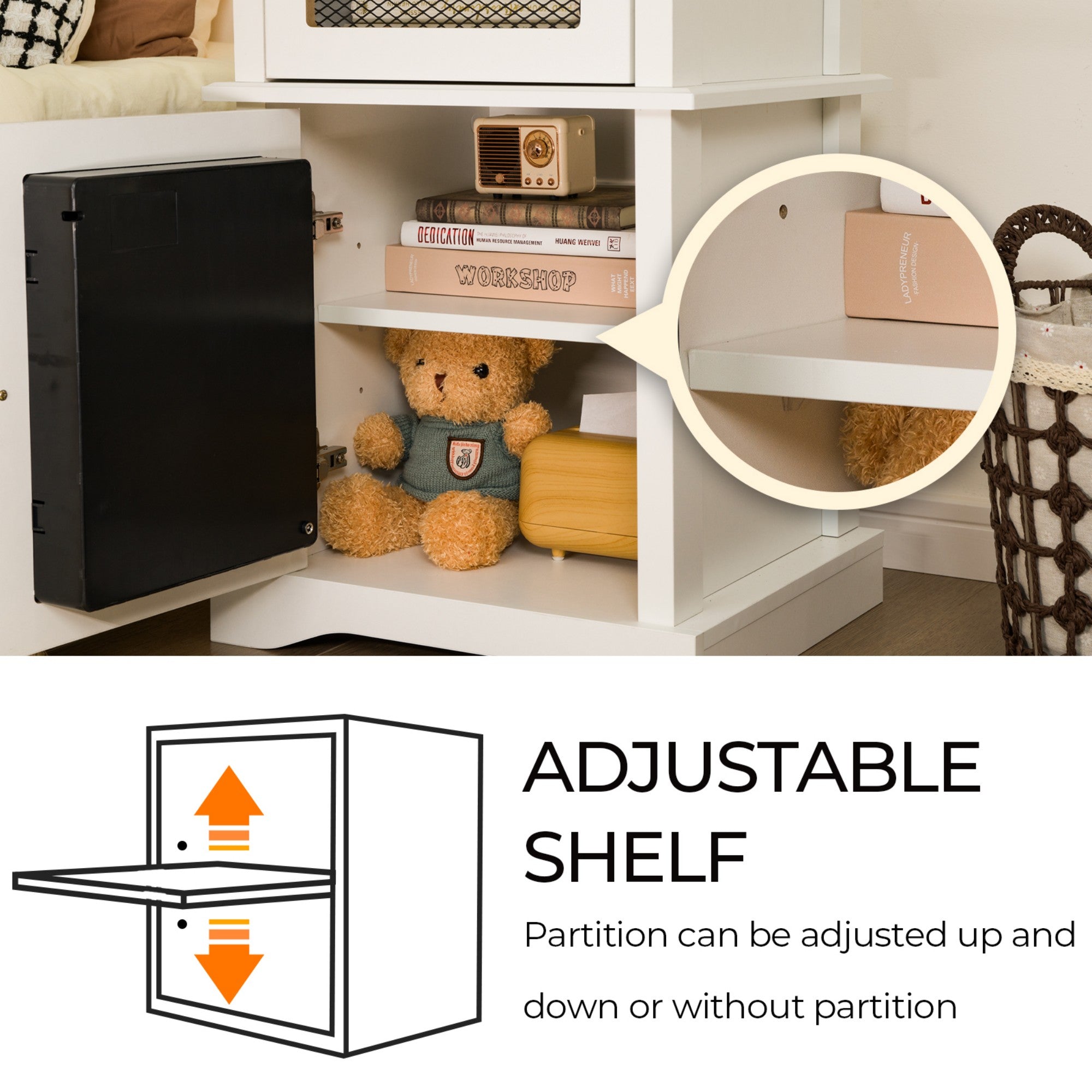 LED Nightstand with Drawer and 3D Fireplace Flame for Bedroom and Living Room