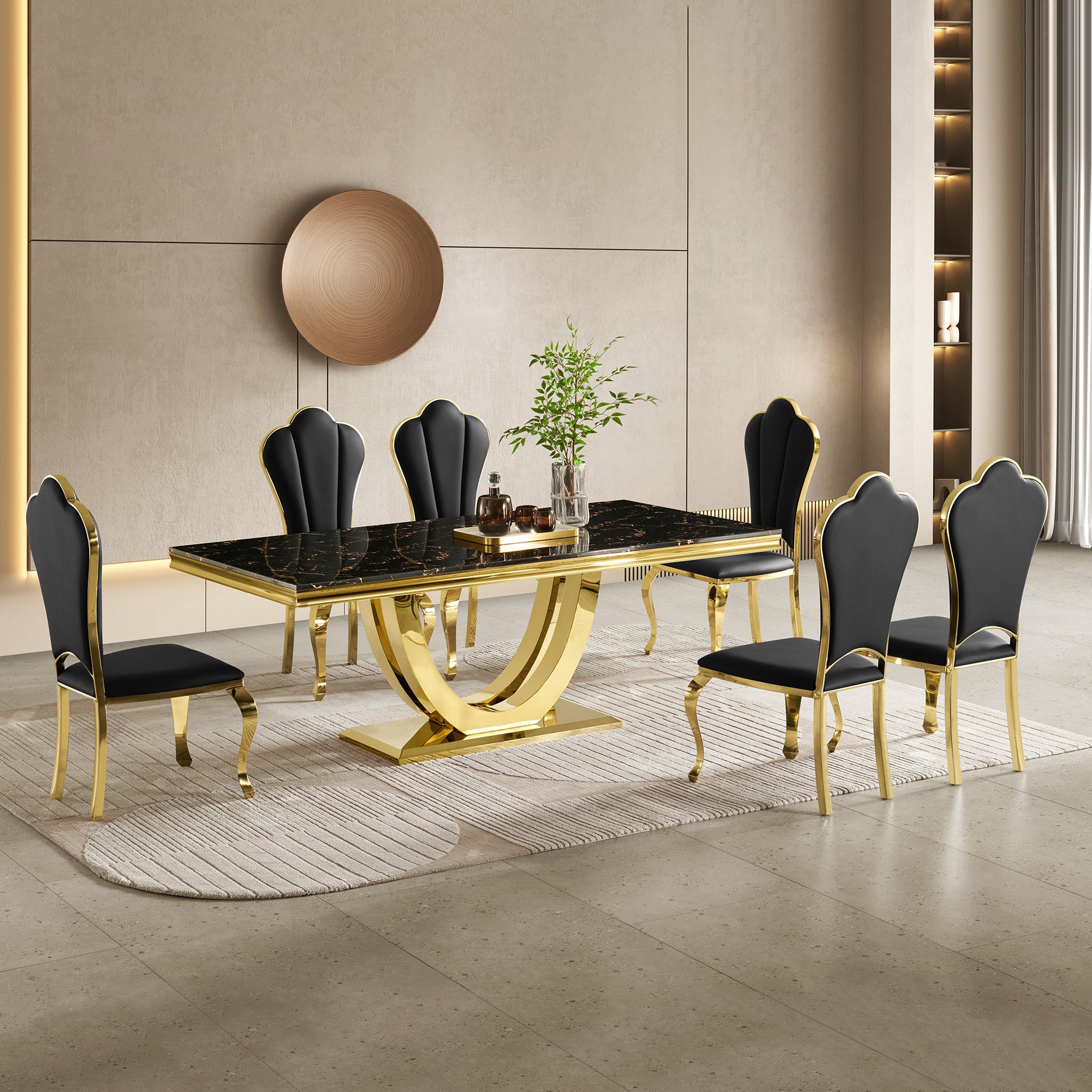 Modern  Dining Table with  Marble Top & 201 Stainless Steel U-Base, Luxury 6-8 Seater Kitchen Table, Gold/Silver Mirror Finish