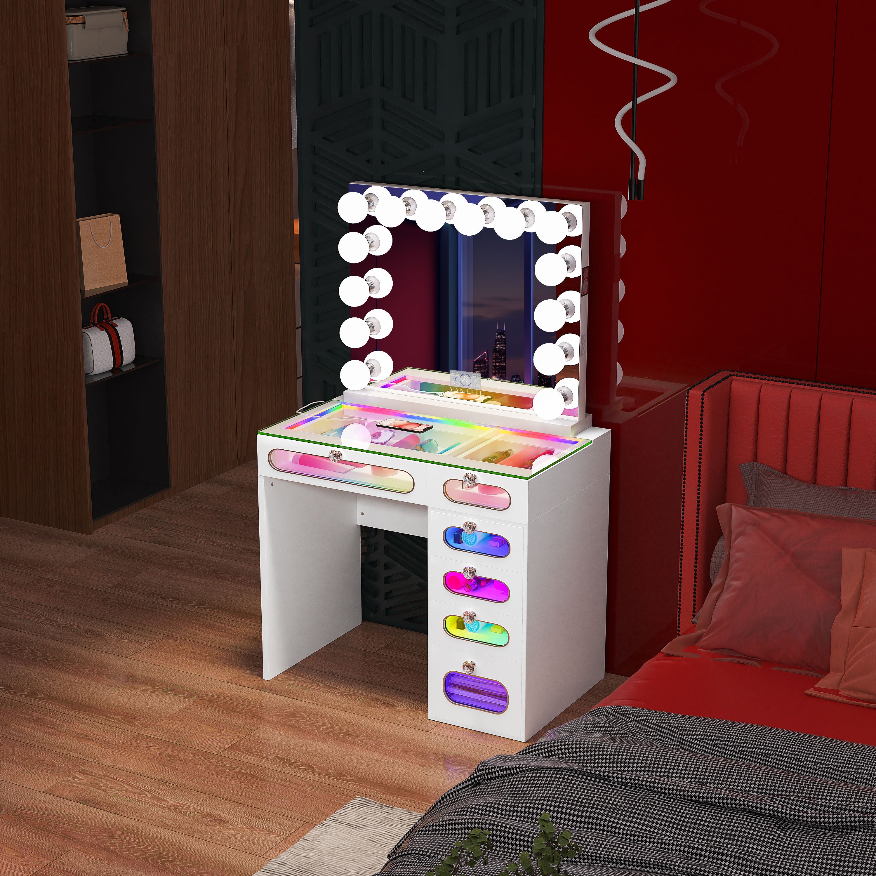 New Release ! VANITII 6 Glass Fronted Drawers Vanity Desk