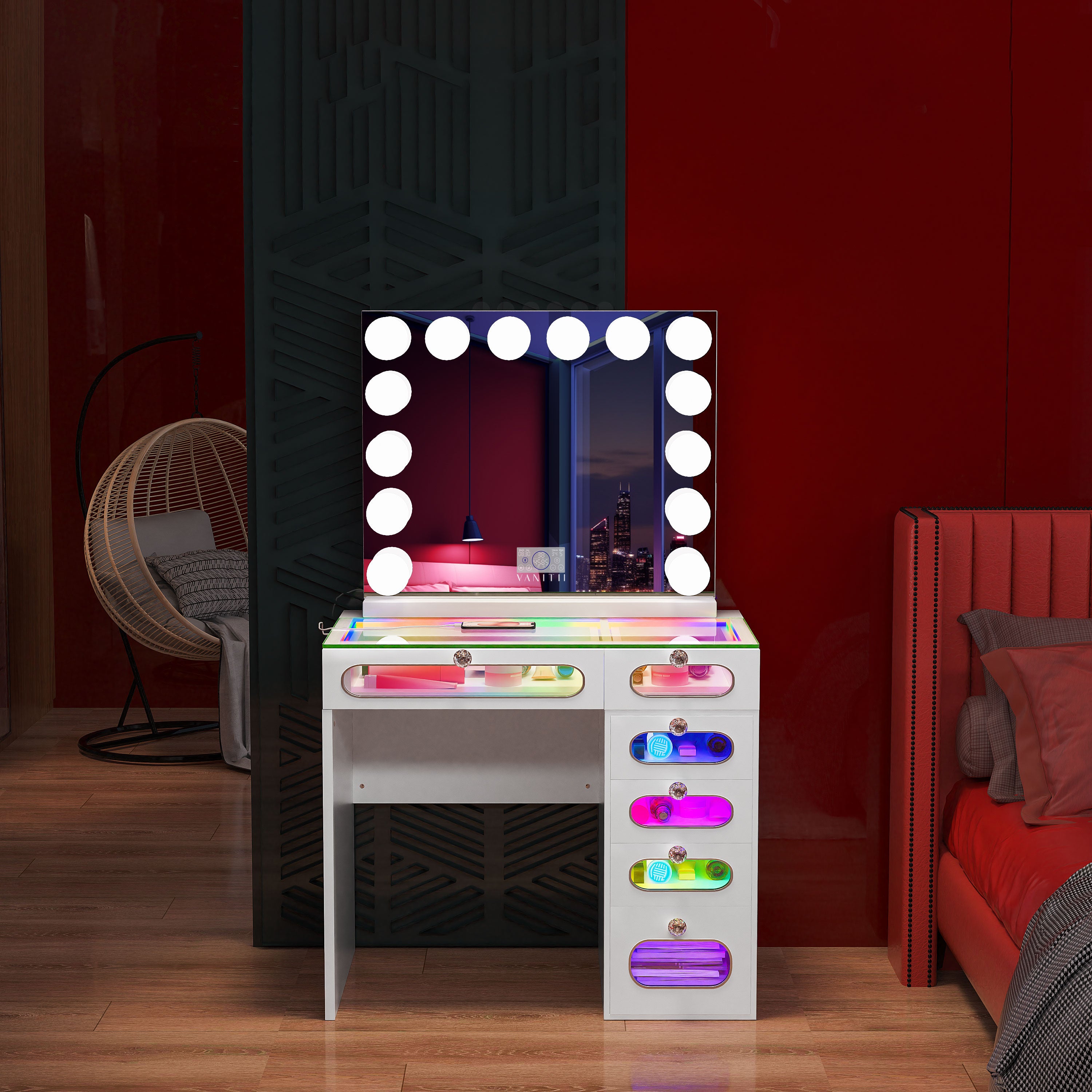 New Release ! VANITII 6 Glass Fronted Drawers Vanity Desk with Marilyn Vanity Mirror