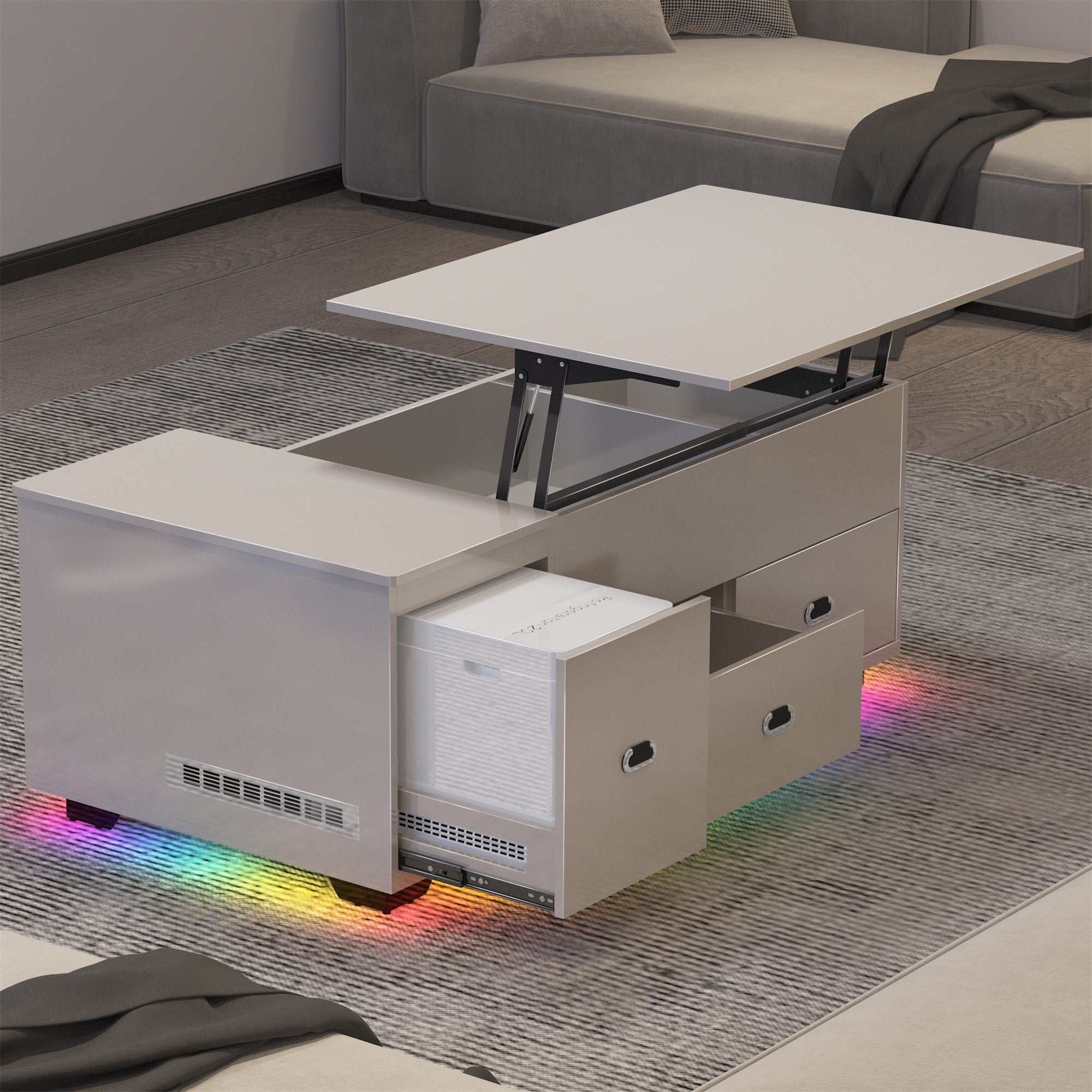 VANITII Lift Table With Spacious Storage Space and Mini Fridge