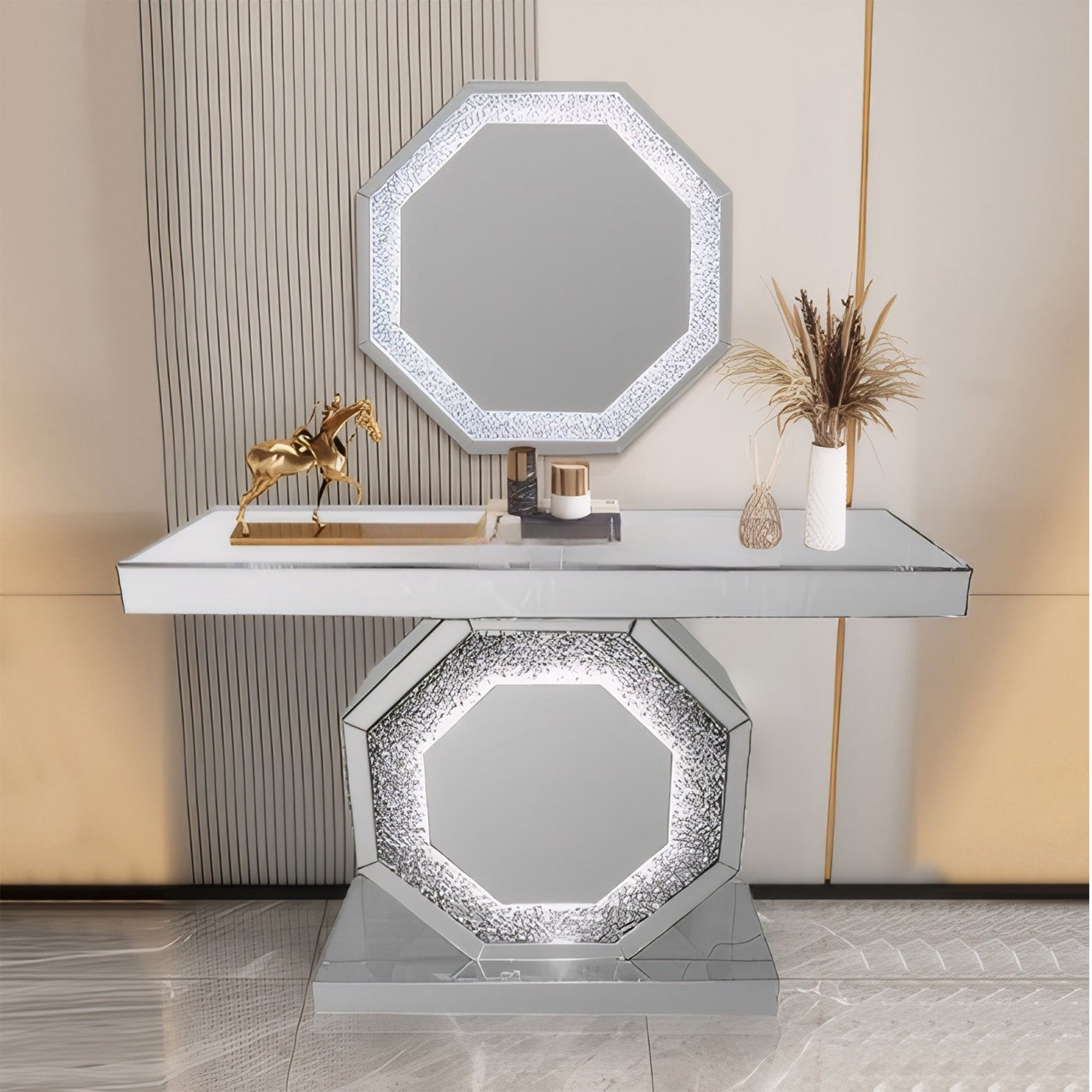 VANITII Crushed Diamonds LED Mirrored Console Table