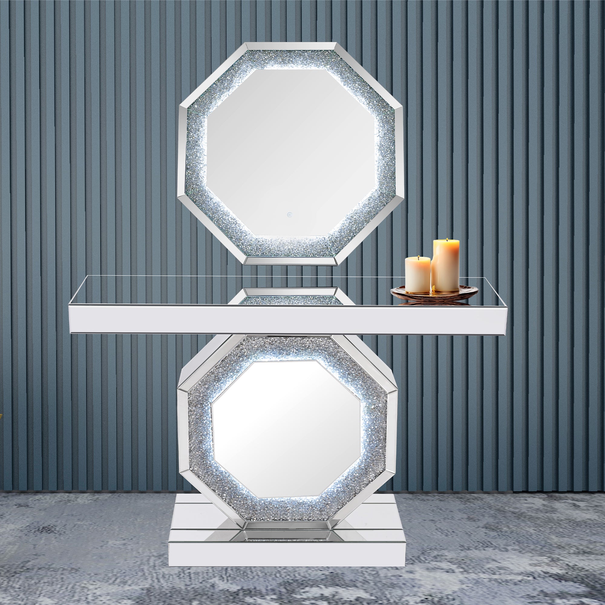 VANITII Crushed Diamonds LED Mirrored Console Table