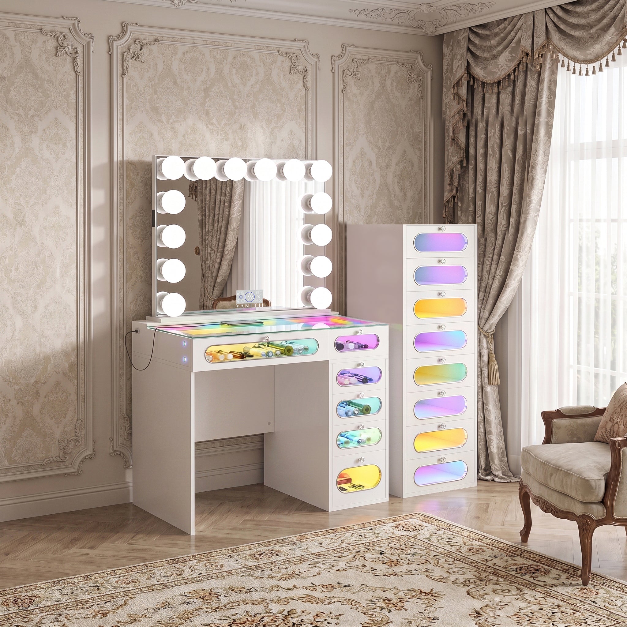 New Release ! VANITII 6 Glass Fronted Drawers Vanity Desk with Marilyn Vanity Mirror