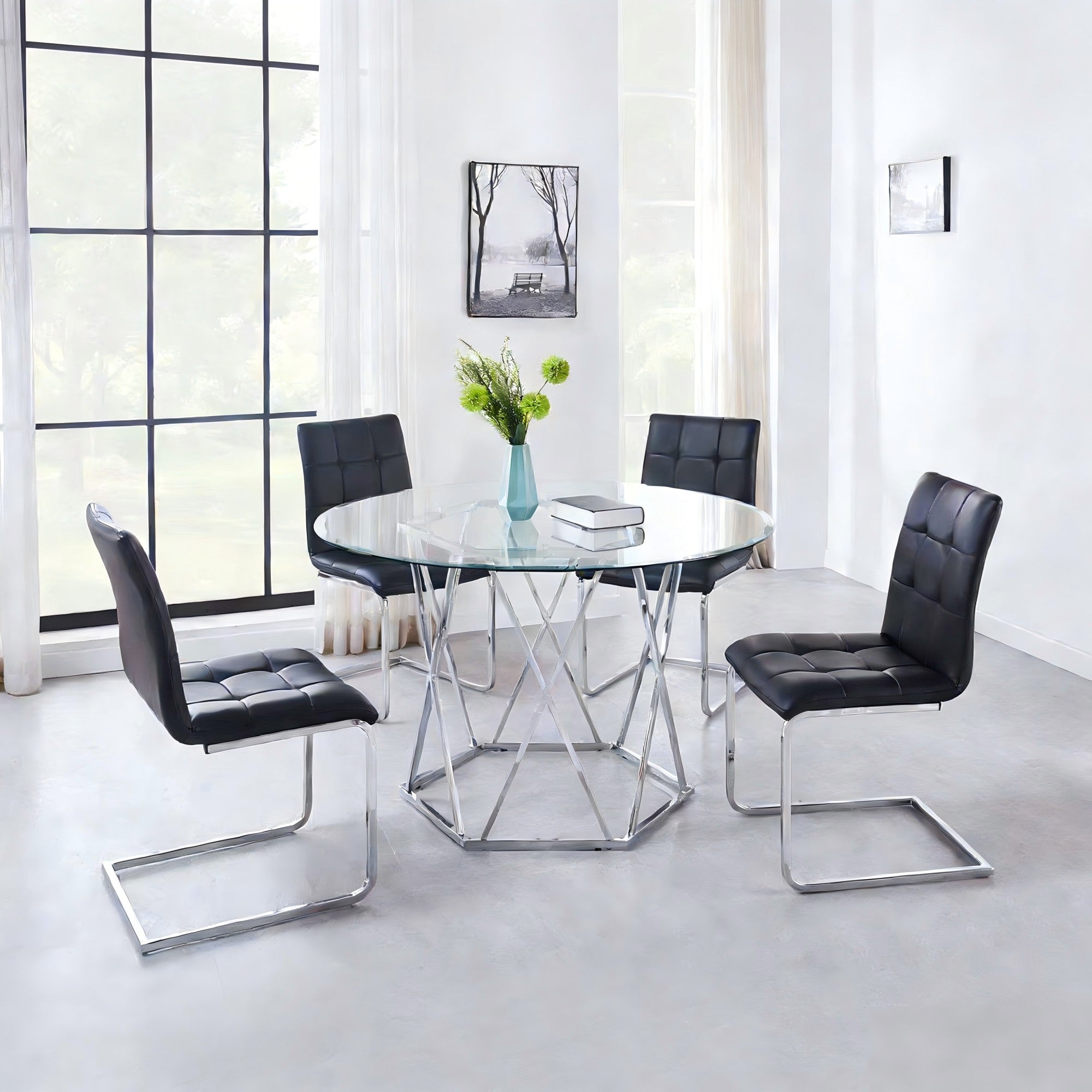 Glass Top 5-Piece Dining Set with Black Chairs
