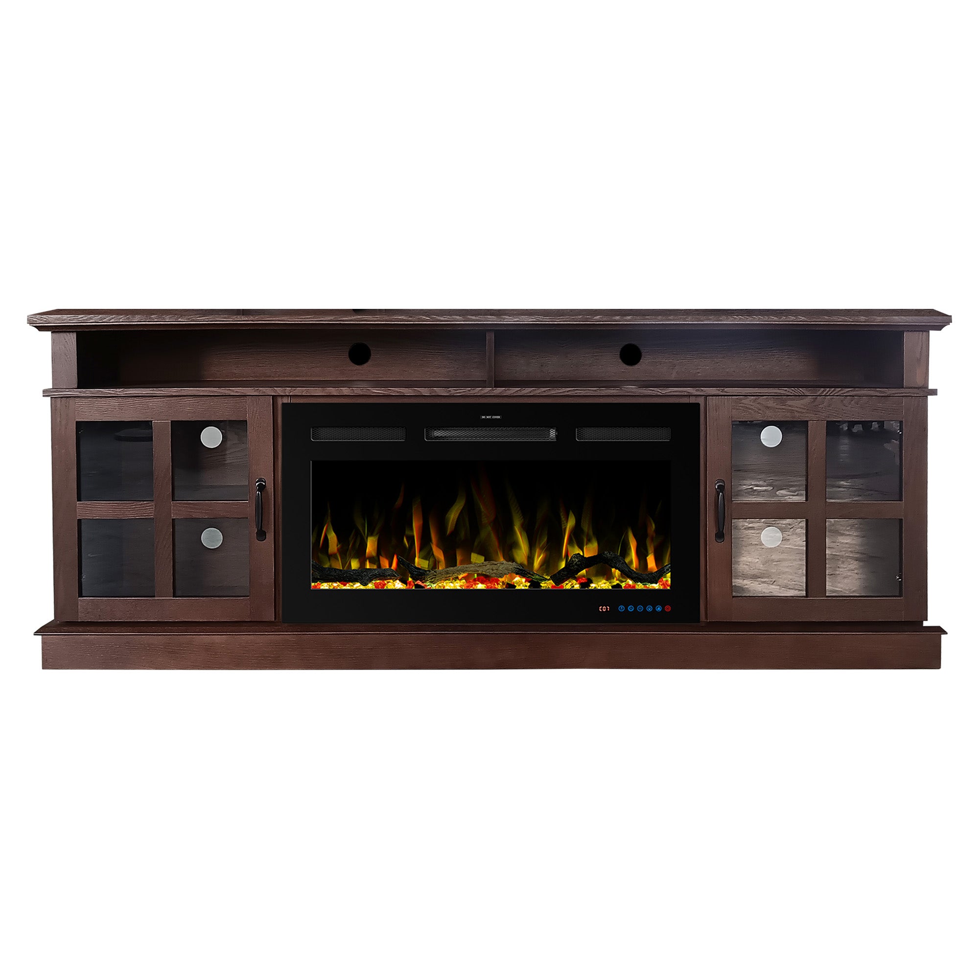 72“ Teak Ash Wood Veneer Fireplace TV stand with Bluetooth
