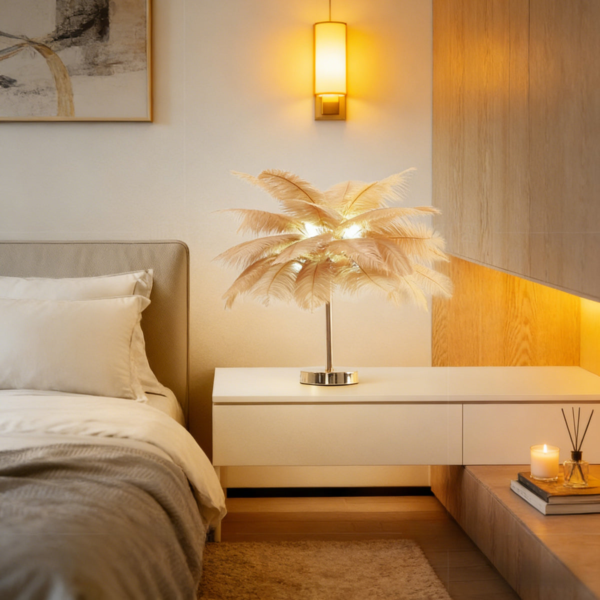 Feather Table Lamp, 3-Color Light, Metal Base, Romantic Ambient Lighting